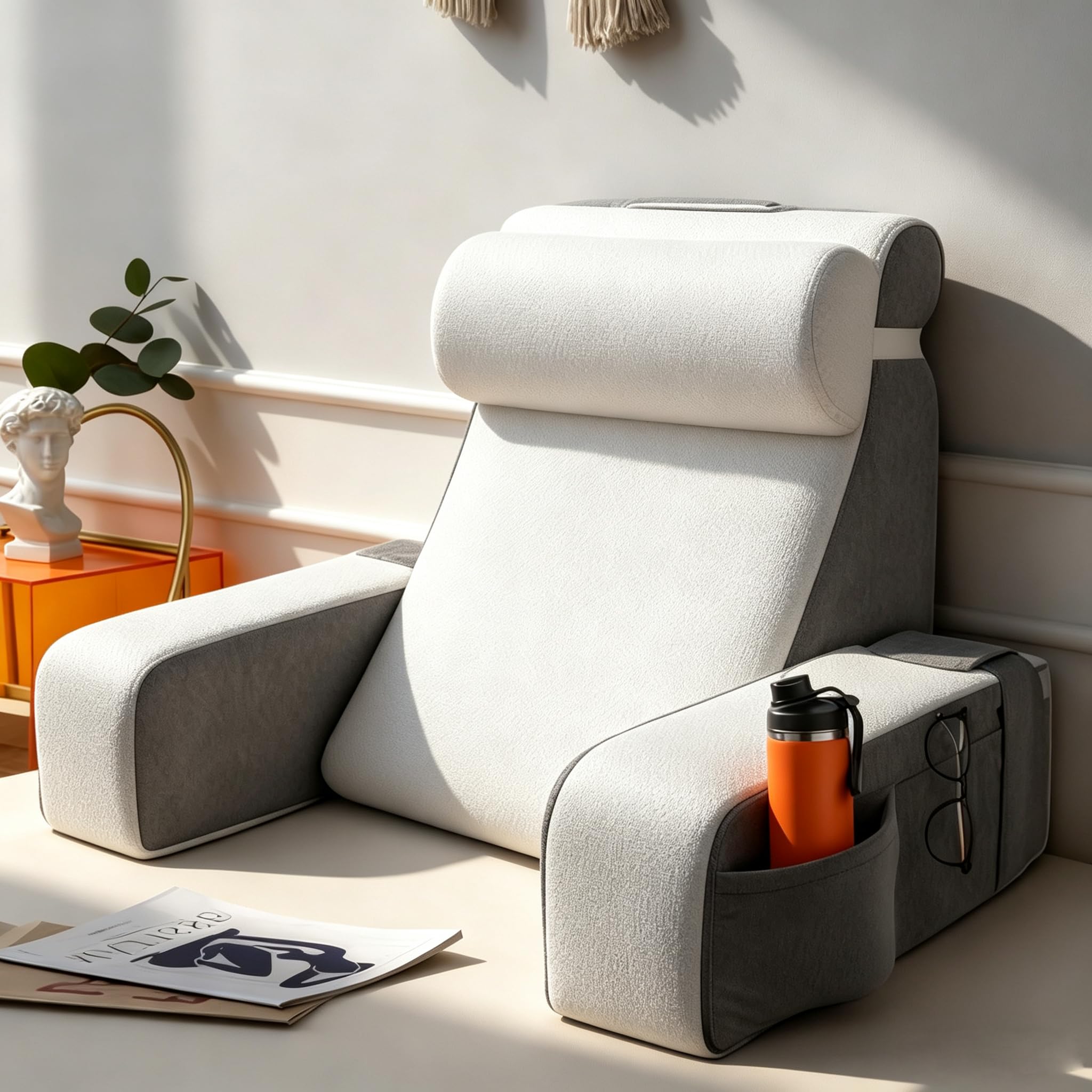 Cojín grande de lectura con reposacabezas y reposabrazos extraíbles, cojín de respaldo ergonómico, cojín de respaldo con brazo y bolsillo y funda lavable para leer y ver la televisión