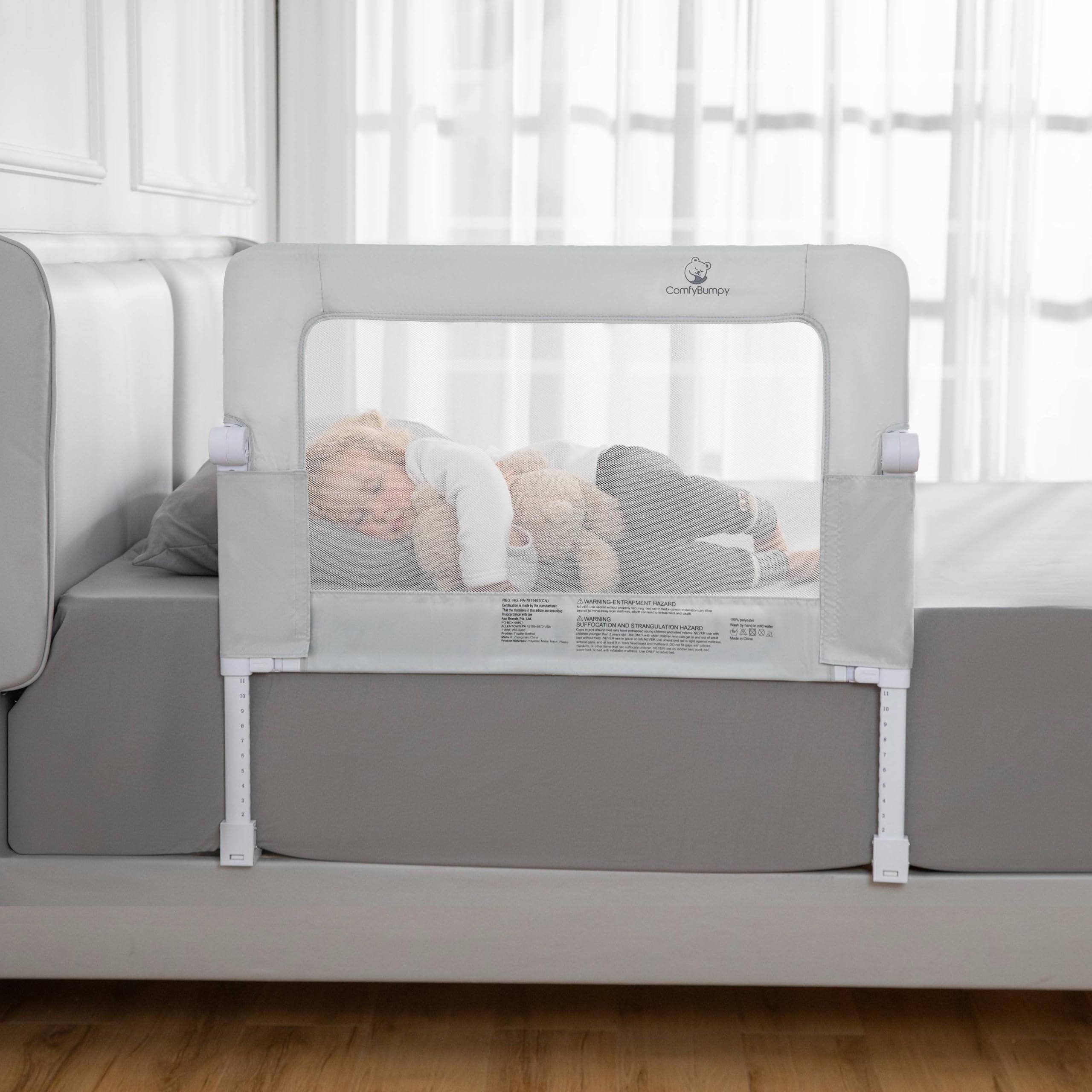ComfyBumpy Premium Adjustable Bed Rail for Toddlers, Swing-Down Safety Guard, Height Adjusts 24.4"–32.3" H, 35.5" Regular Length, Sturdy Steel &amp; Breathable Mesh, for Twin, Full &amp; Queen, Gray, 1-Pack