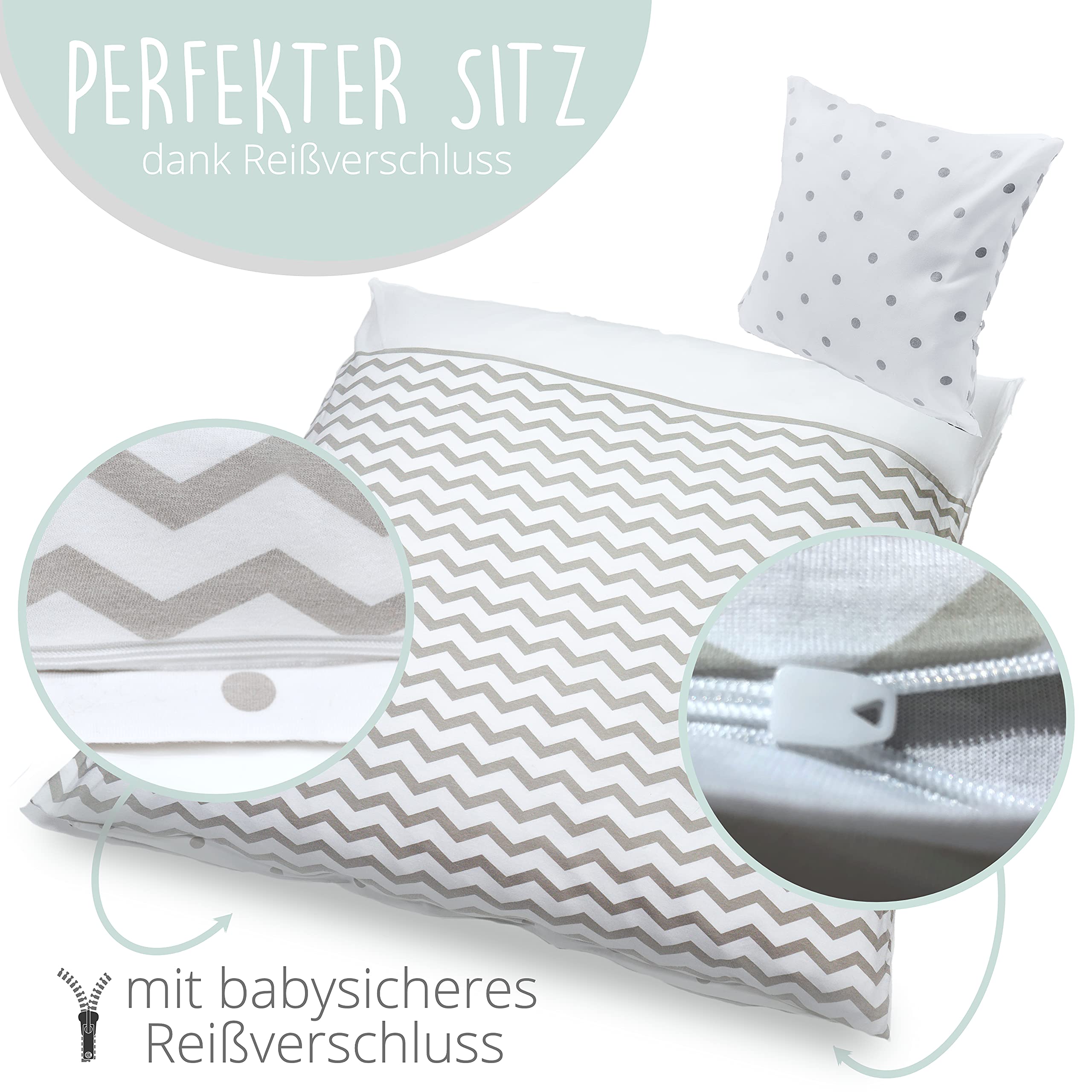 mimaDu copripiumino lettino neonato copripiumino lettino con sbarre copripiumino culla | set di biancheria da letto per bambini | 100% cotone Oeko Tex (80x80+35x45cm Grigio A Pois Zigzag)