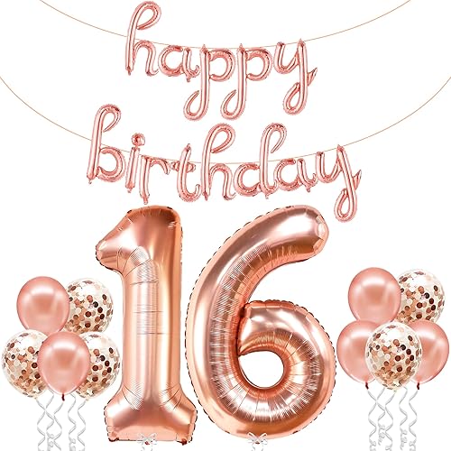 KatchOn, Globos de oro rosa con el número 16 con pancarta de globos de feliz cumpleaños, paquete de 12 | Decoraciones de cumpleaños de 16 años de