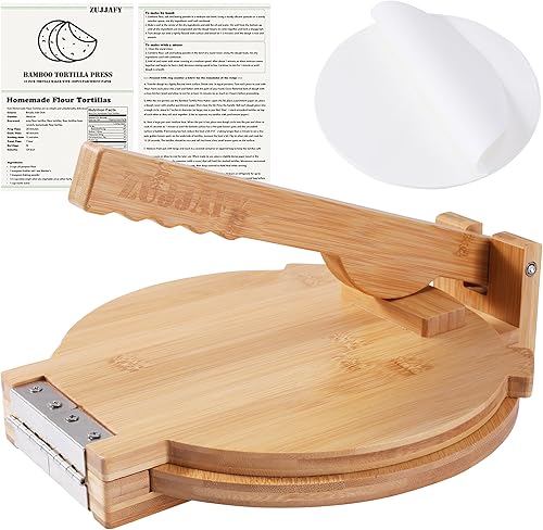 ZUJJAFY Prensa de tortilla de bambú de 10 pulgadas con 100 papeles pergaminos, prensa de tortilla mexicana casera para tortillas de pataconera