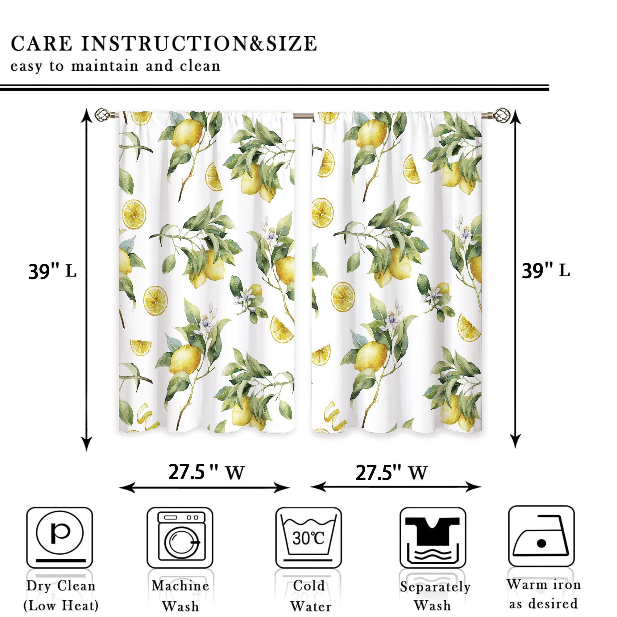 oolygoo Lemon Fruit Small Kitchen Curtains Green Yellow Leaf Summer Window Treatment Tropical Cafe Short Window Curtains for Bathroom Dining Laundry Room Floral Flower Treatment Drapes 27.5x39 inch - Image 4