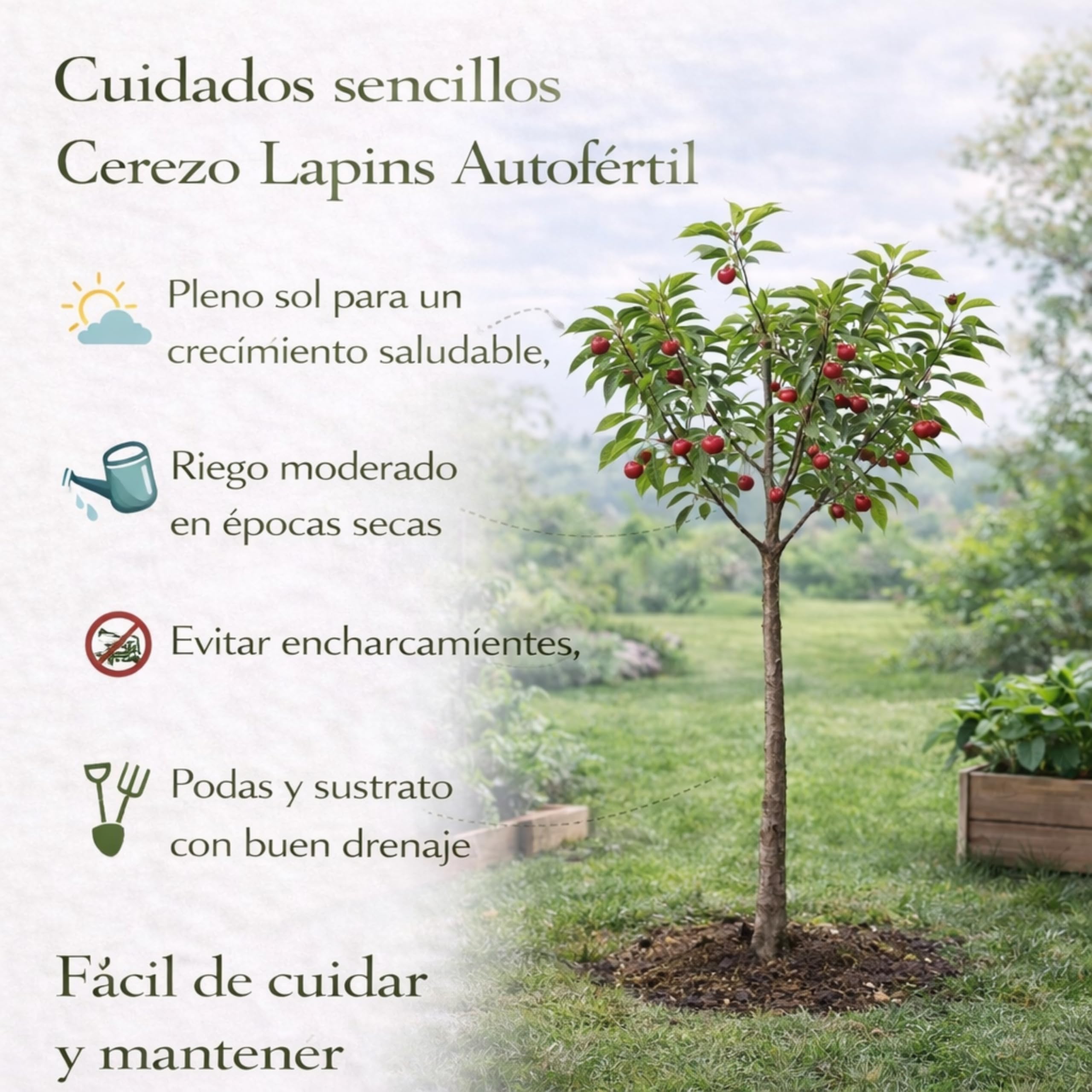 Cerezo Lapins Autofértil en Maceta, 140 cm de altura, Árbol Frutal Exterior con Cerezas Dulces Planta Natural para Jardín Terraza Huerto Floración Primavera Fácil Cultivo. Cerezo