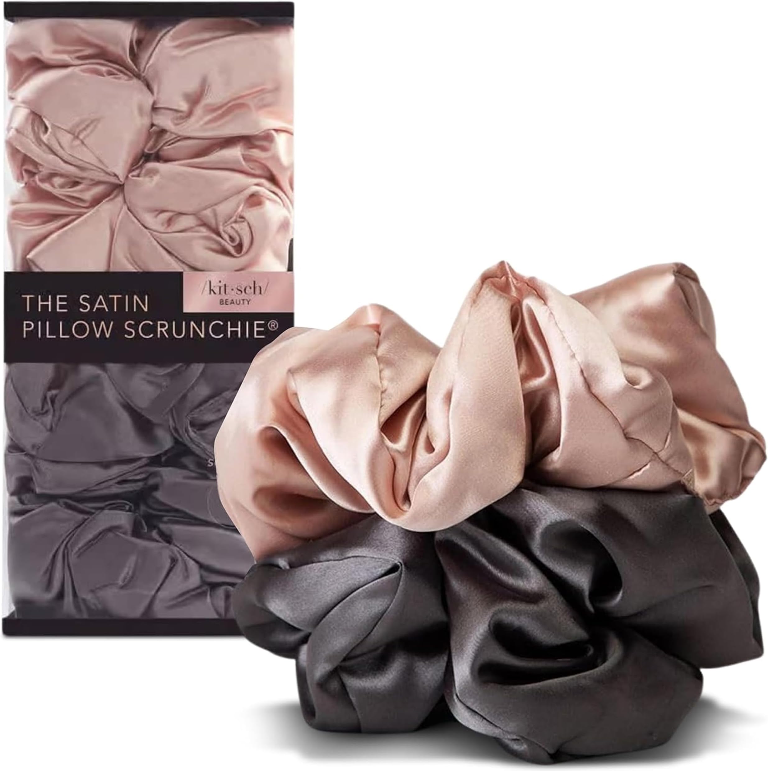 Kitsch Satin Hair Scrunchies for Women - Softer Than Silk Scrunchies for Hair | Satin Scrunchies for Girls & Stylish Satin Hair Ties for Women | Cute Satin Hair Scrunchie for Styling, 5 pack (Blush/Charcoal)