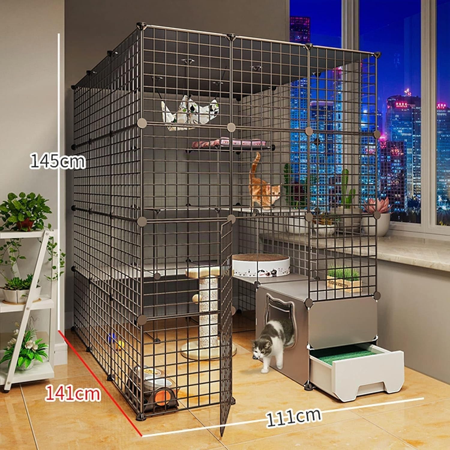 Gabbia per Gatti da Esterno Grande Dimensioni in Metallo, Gabbia Gatti Balcone, Case per Gatti e Condomini, Nero, Adatto per Soggiorno e Camera da Letto