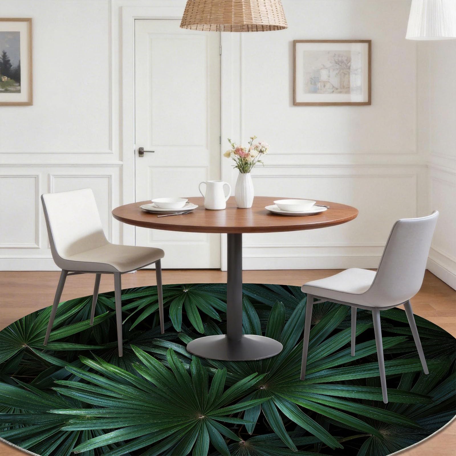Tappeto rotondo con foglie di palma, morbido, nero, lavabile, non perde pelo, moderno, minimalista, alla moda, 150 cm, per cucina, comodino, tappetino antiscivolo per camera da letto