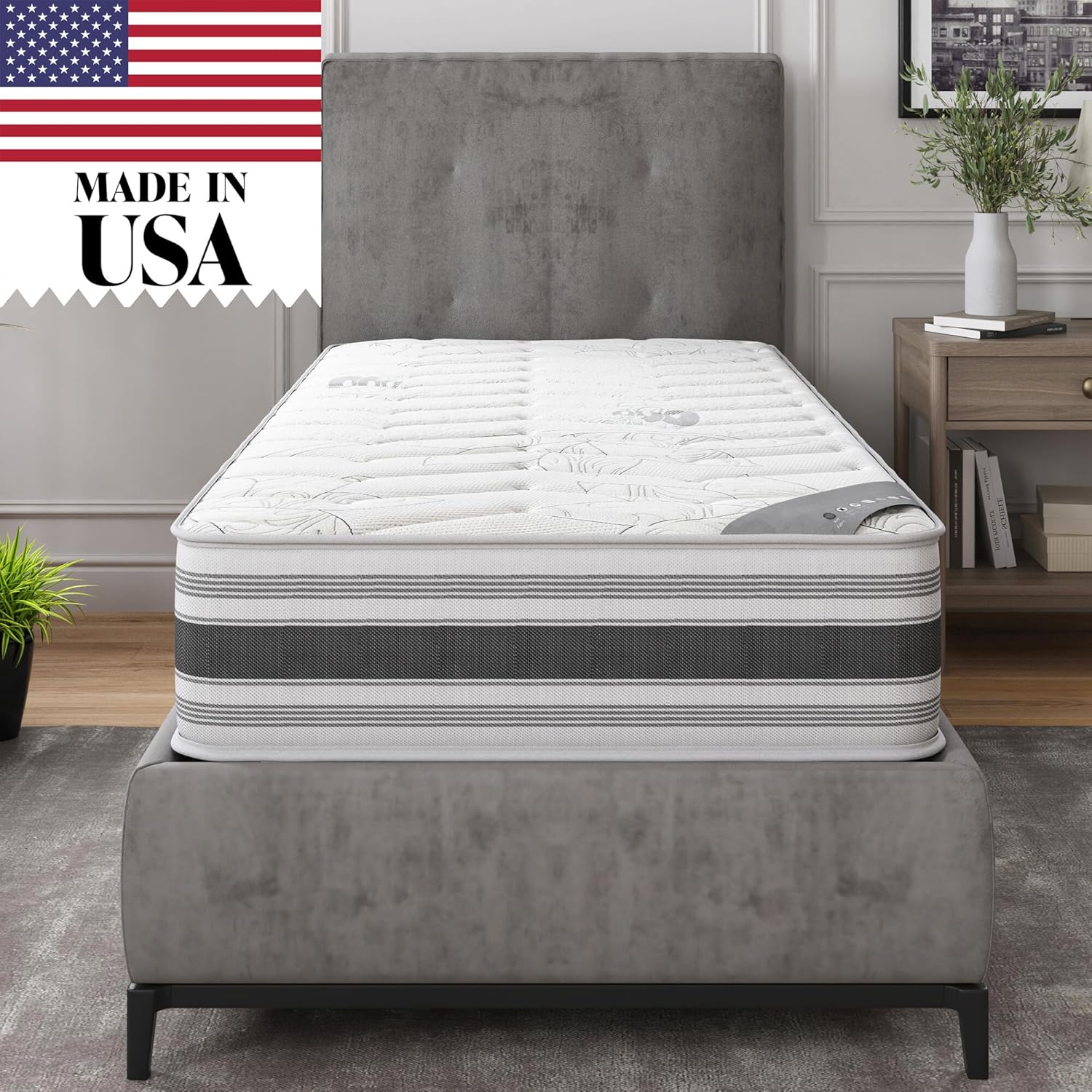 Ottomanson 12" Twin Plush Hybrid Mattress, Meditation Antistatic Quilted Cover, Comfort & Pressure Relief, Made in USA, Individually Pocketed Coils, CertiPUR-US® Foam, Fiberglass-Free, Bed in a Box