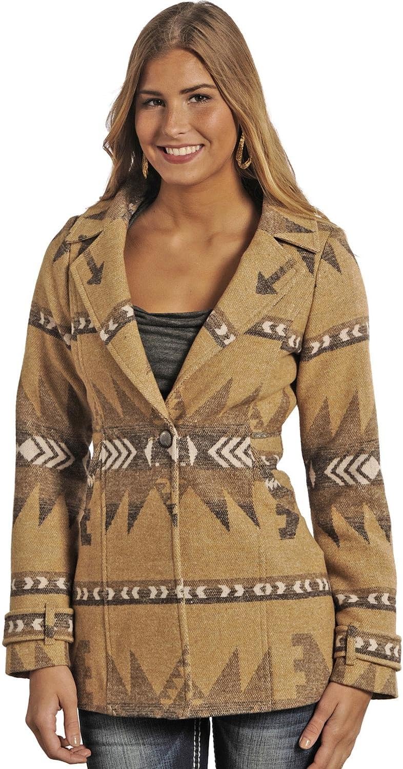 Powder River Women's Tan Hannah Aztec Pattern Wool Single Breaste
