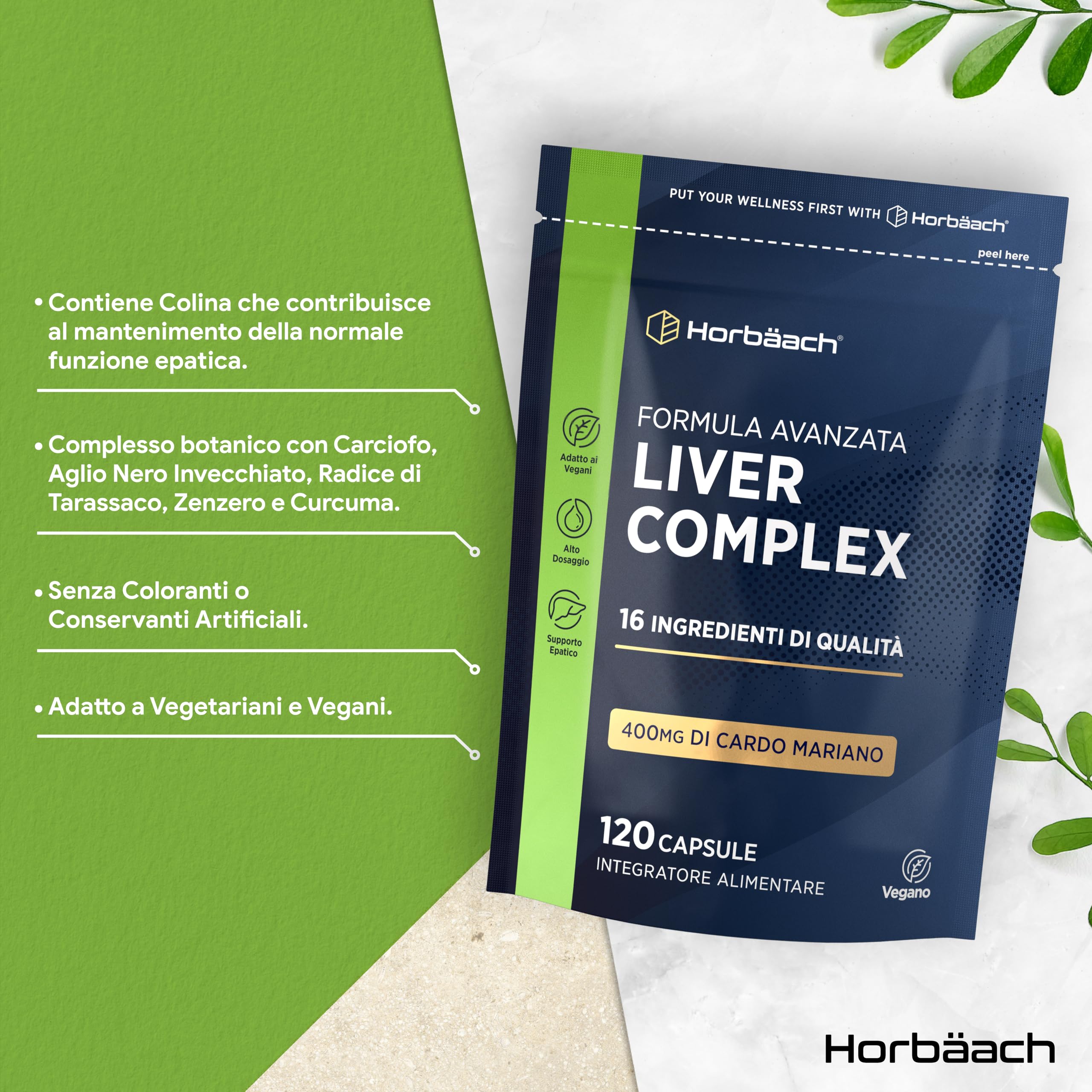 Liver Complex | con Cardo Mariano, Estratto di Carciofo, Radice di Tarassaco, Curcuma, Vitamina C, D e Altro | 120 Capsule Vegane | Integratore Depurativo Fegato | Funzione Epatica | Horbaach