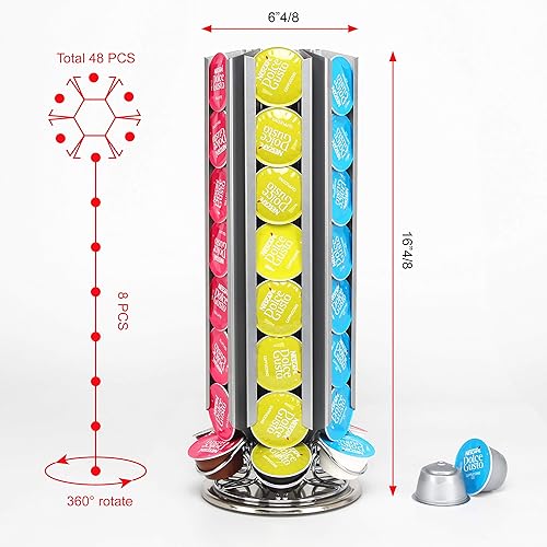 Miniatura 7 de FlagShip Soporte para cápsulas de café para Dolce Gusto, organizador de cápsulas de carrusel de metal, 48 cápsulas, color plateado