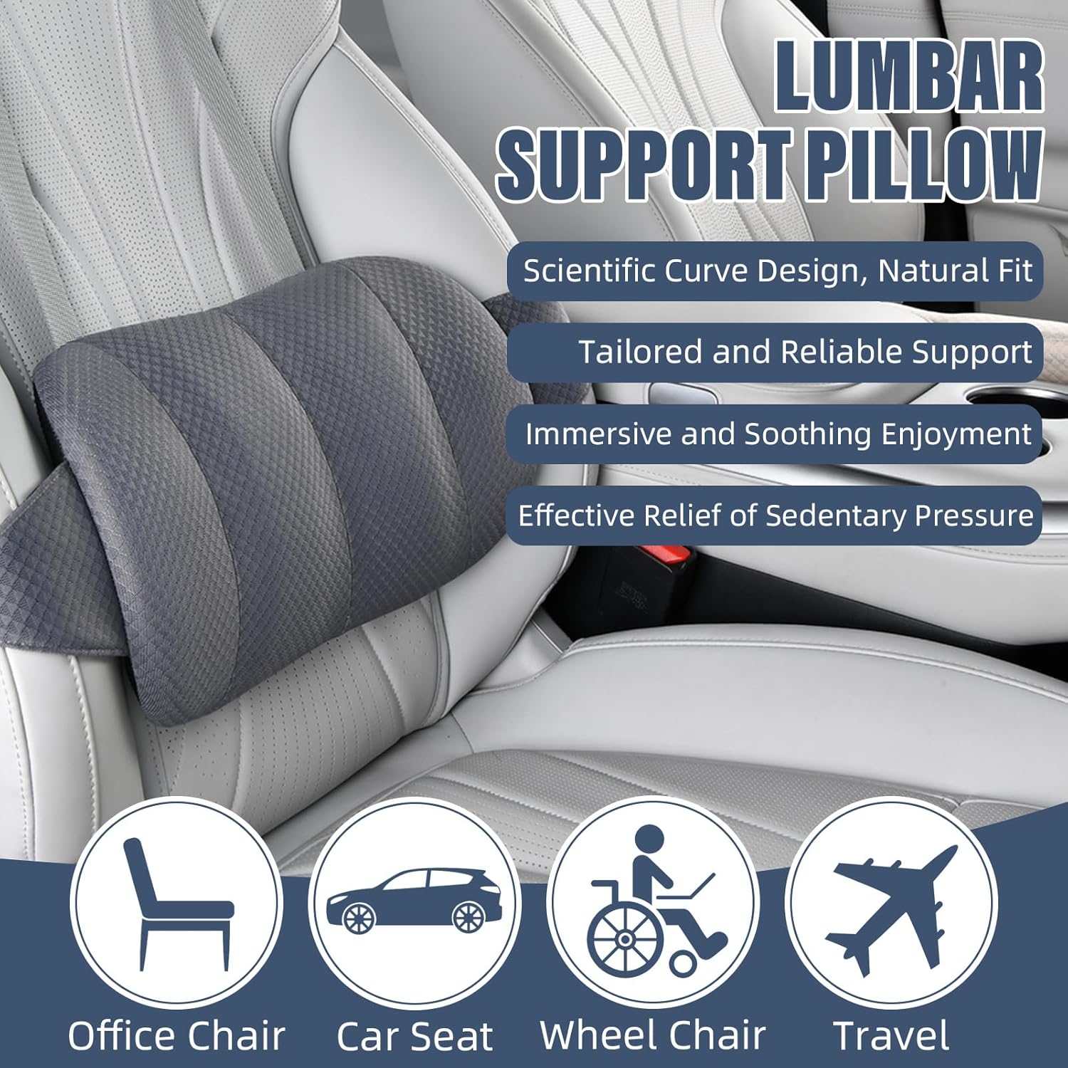 KAYI Lumbar Support Pillow for Car, Memory Foam Lumbar Pillow with Adjustable Straps, Lumbar Support Pillow for Office Chair, Back Support for Car, Sitting, Driving, Traveling (1, Gray) - Image 6