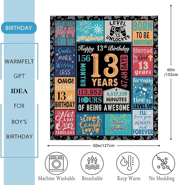 13 Year Old Boy Gift, Best Birthday Gifts for 13 Year Old Boy, Boys Age 13 Gifts Ideas, 13 Yr Old Gifts for Boys, 13th Birthday Decorations Blanket 60X 50, Soft Warm Cozy Throw for Bed Sleep