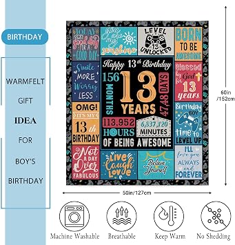 13 Year Old Boy Gift, Best Birthday Gifts for 13 Year Old Boy, Boys Age 13 Gifts Ideas, 13 Yr Old Gifts for Boys, 13th Birthday Decorations Blanket 60X 50, Soft Warm Cozy Throw for Bed Sleep