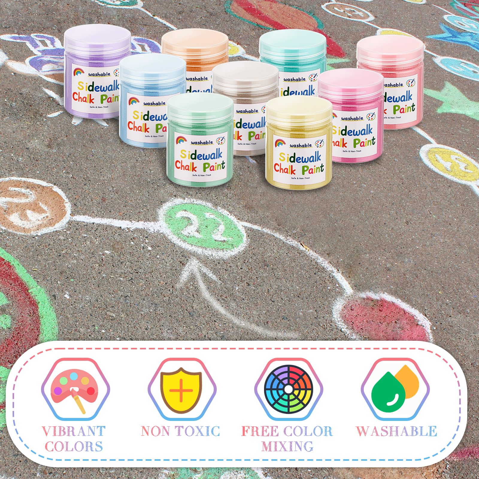 Faccito Kit de 36 pinturas de tiza para acera, no tóxicas, lavables, con pintura en polvo, mezcla en agua, 9 colores vibrantes con 8 pinceles para diversión creativa en acera y pizarra