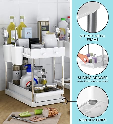 Miniatura 7 de Organizador y almacenamiento para debajo del fregadero, paquete de 2 organizadores extraíbles para fregadero, estantes de almacenamiento,