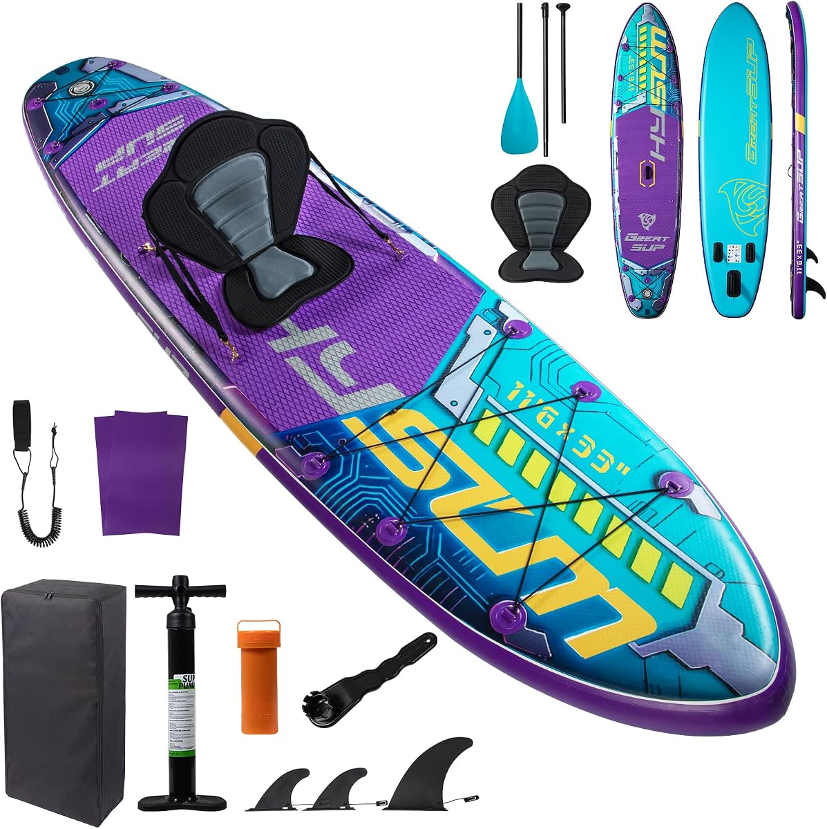 Tabla de remo inflable de 11'6" con asiento de kayak, capacidad máxima de peso de 485 libras ISUP resistente para adultos, tabla de remo extra ancha de 33" para yoga de pesca familiar de varias personas
