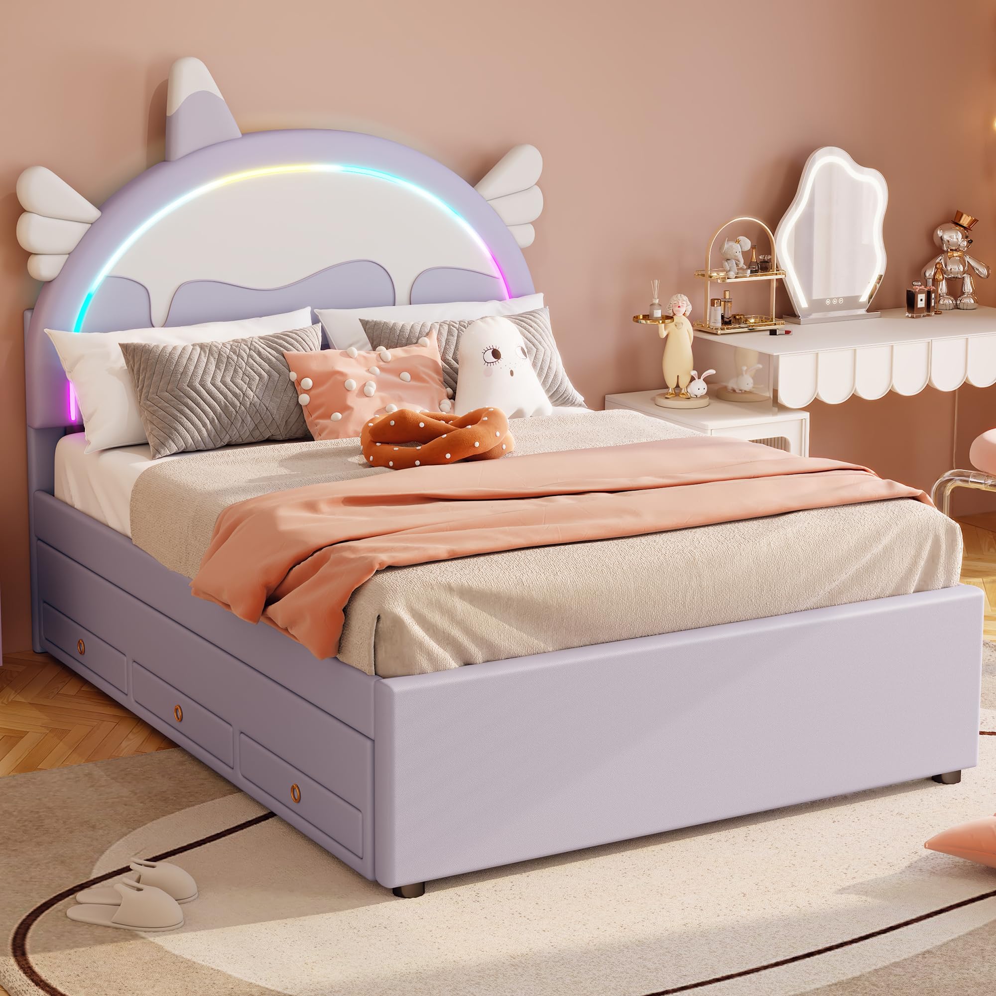 Letto Matrimoniale 140x200 Con Testiera Arcobaleno - Per Ragazze, Rosa, Portata 150kg - Foto 9