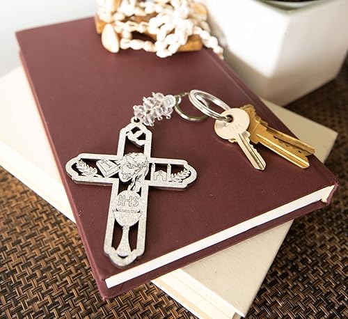 Miniatura 3 de RBN 12 Jesús Cruz Bautismo Plata Glitter Llavero Láser Recorte Madera Recorte Favor Recuerdo De Bautizo Angel Comunión - Bolsa de organza incluida,