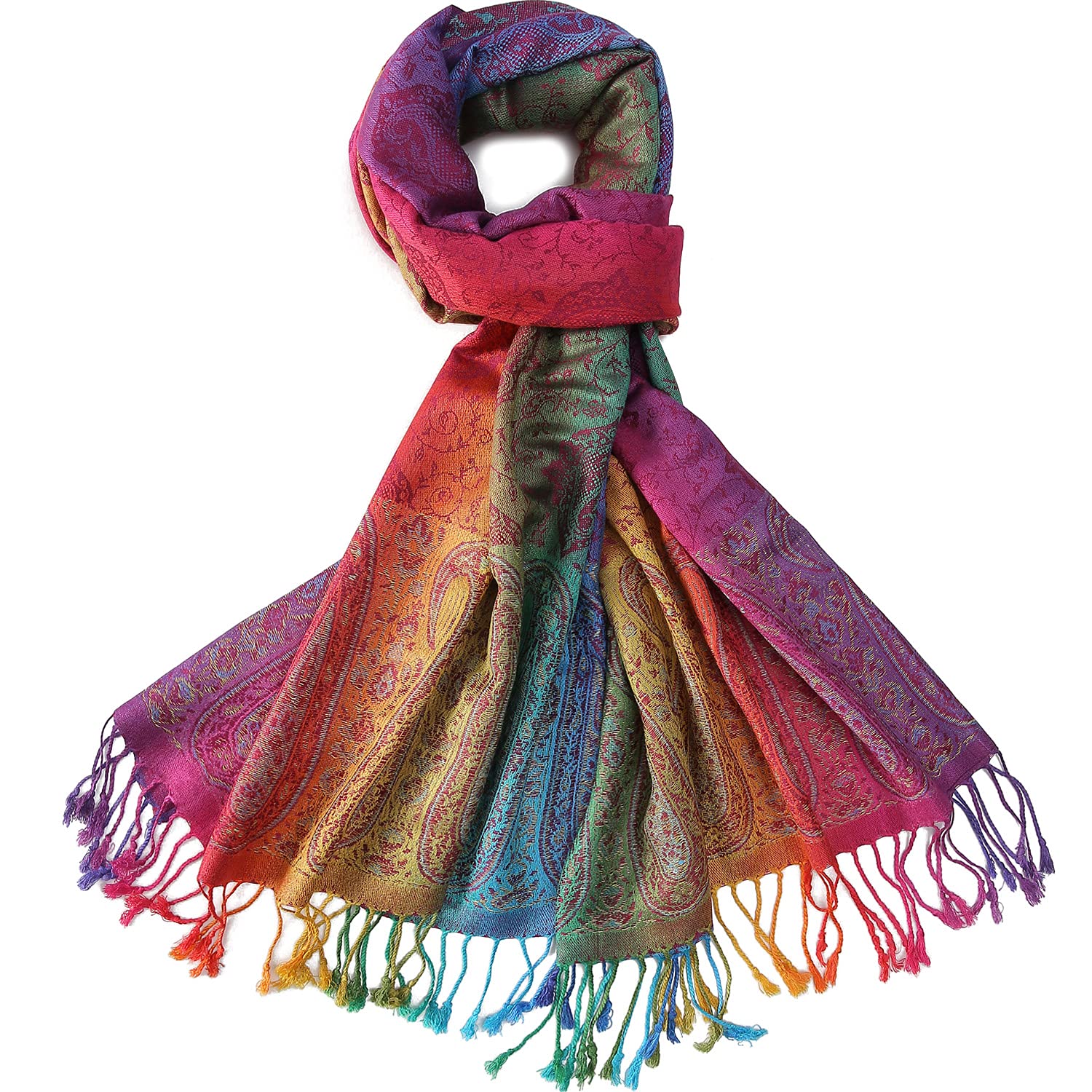 Becolored Women's 3 Colorful Rainbow Paisley Jacquard Pashmina Silk Wrap Shawl Tassels Scarves, Large