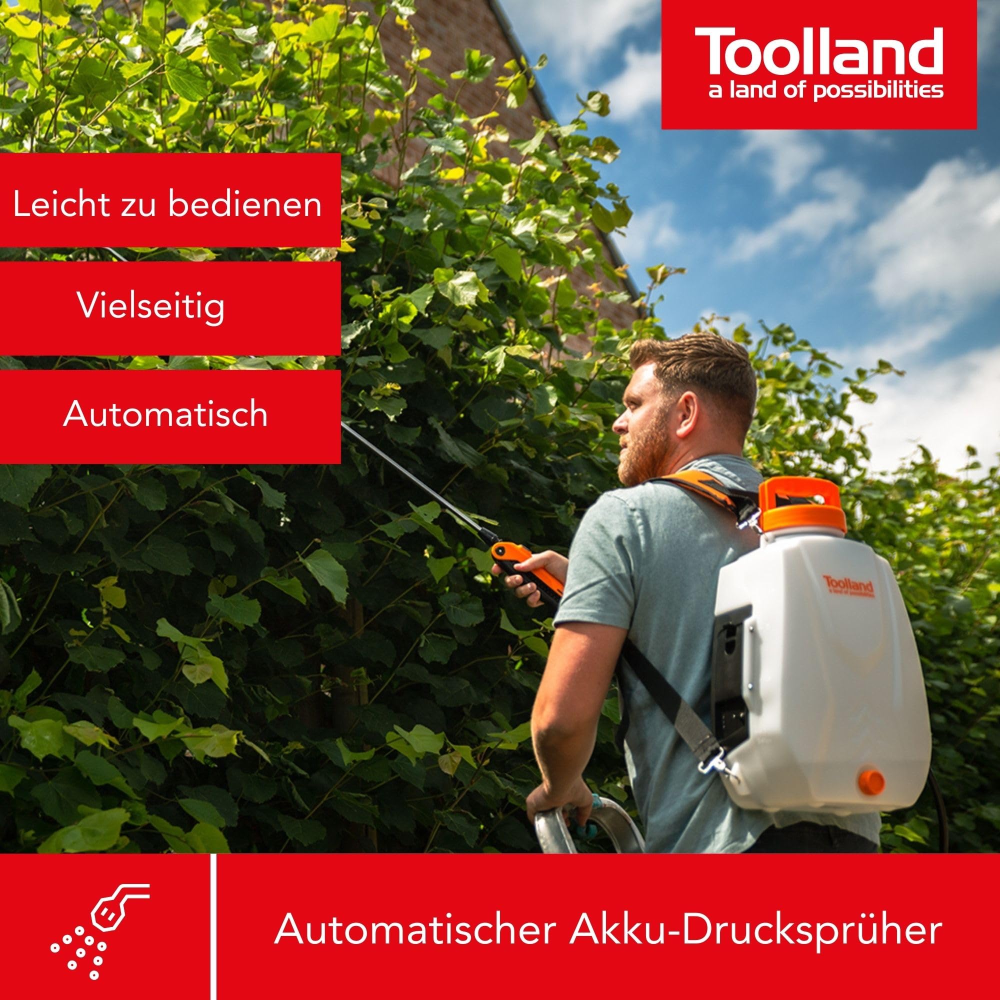 Toolland Elektrischer Rückensprüher 12L, wiederaufladbare Gartenspritze mit Lithium Akku, Teleskoplanze, verstellbare Düse, automatische Pumpe, Pflanzensprüher, Unkrautsprüher