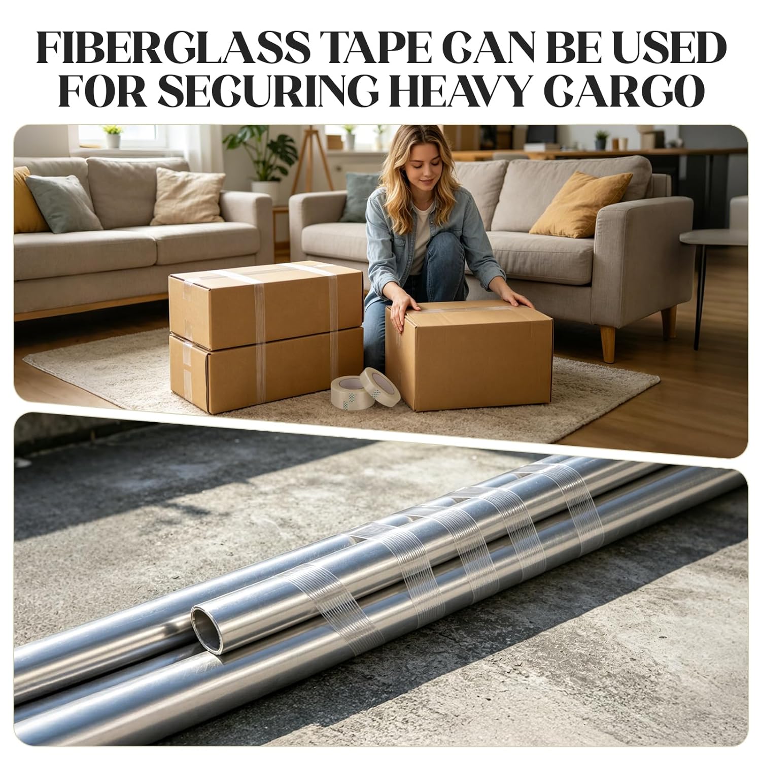 4 Pack Big Rolls Fiberglass Transparent Reinforced Packing Filament Tape, Heavy Duty Wearproof Strapping Tape 4 Pack with ONE Dispenser,Each roll 2" x80yards, 6mil