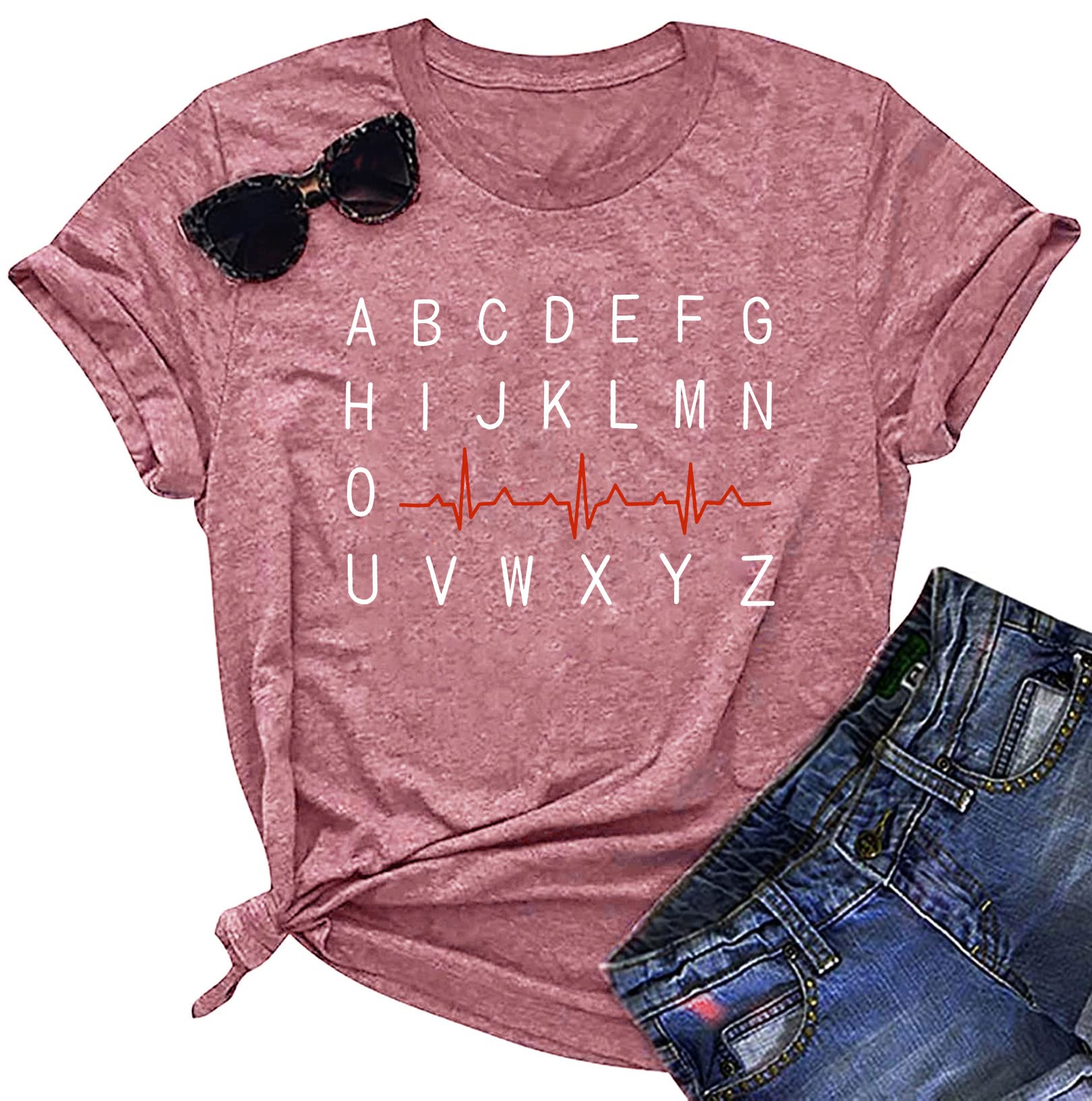 YI XIANG RANNurse Shirt Women Alphabet Nuring Shirts Nurse Heartbeat Graphic Tee Nurse Gift Short Sleeve Nurse School Tops