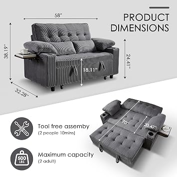 Wakefit 58in Sleeper Sofa Bed, Convertible Pull Out Couch Bed Full Size Corduroy Fabric Loveseat for Living Room, Apartment, Office(Darkgrey)