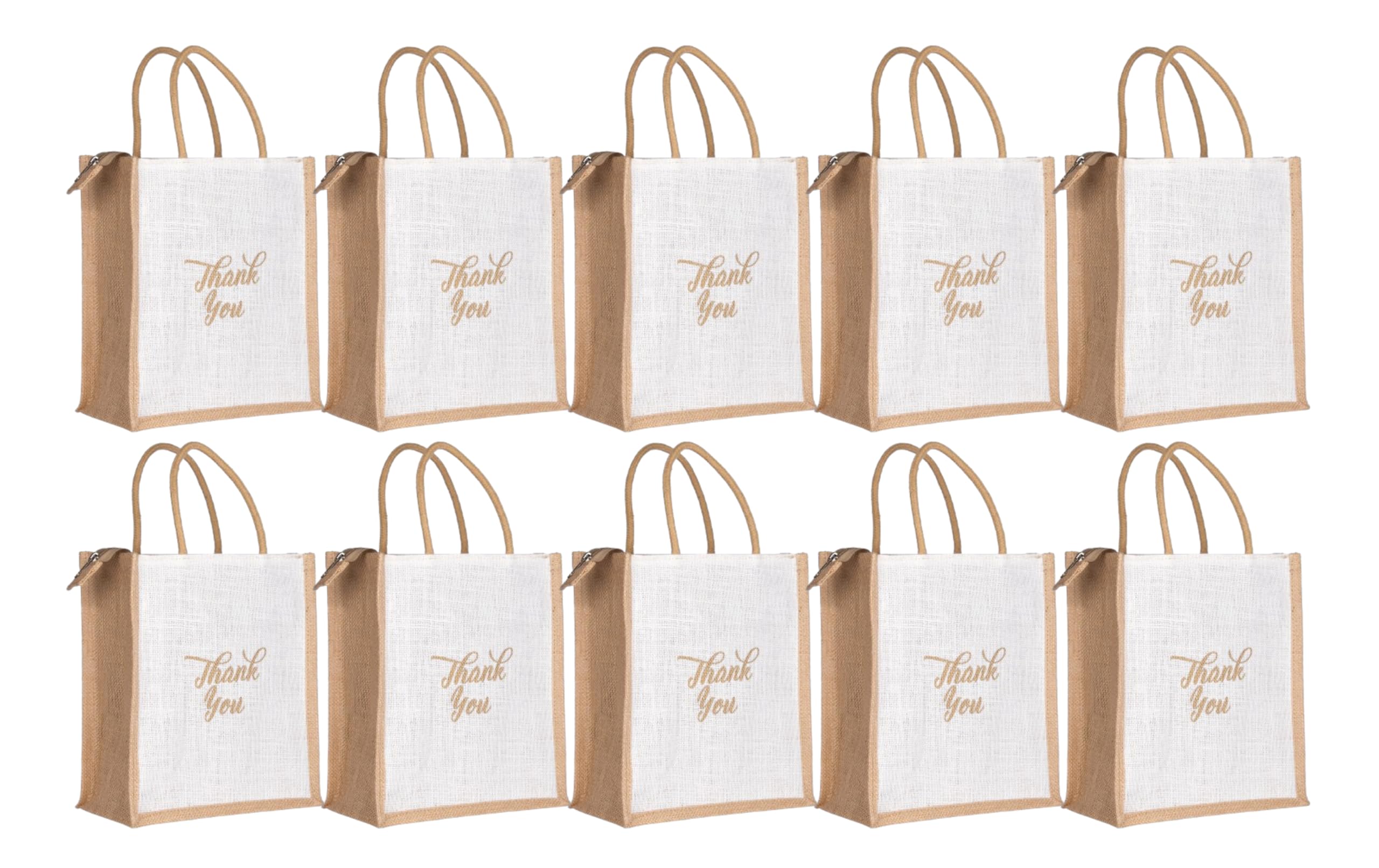 Soman Jute Ecofriendly Return Gift Bags Thank You Printed with Zip White Natural Pack of 10 Bags