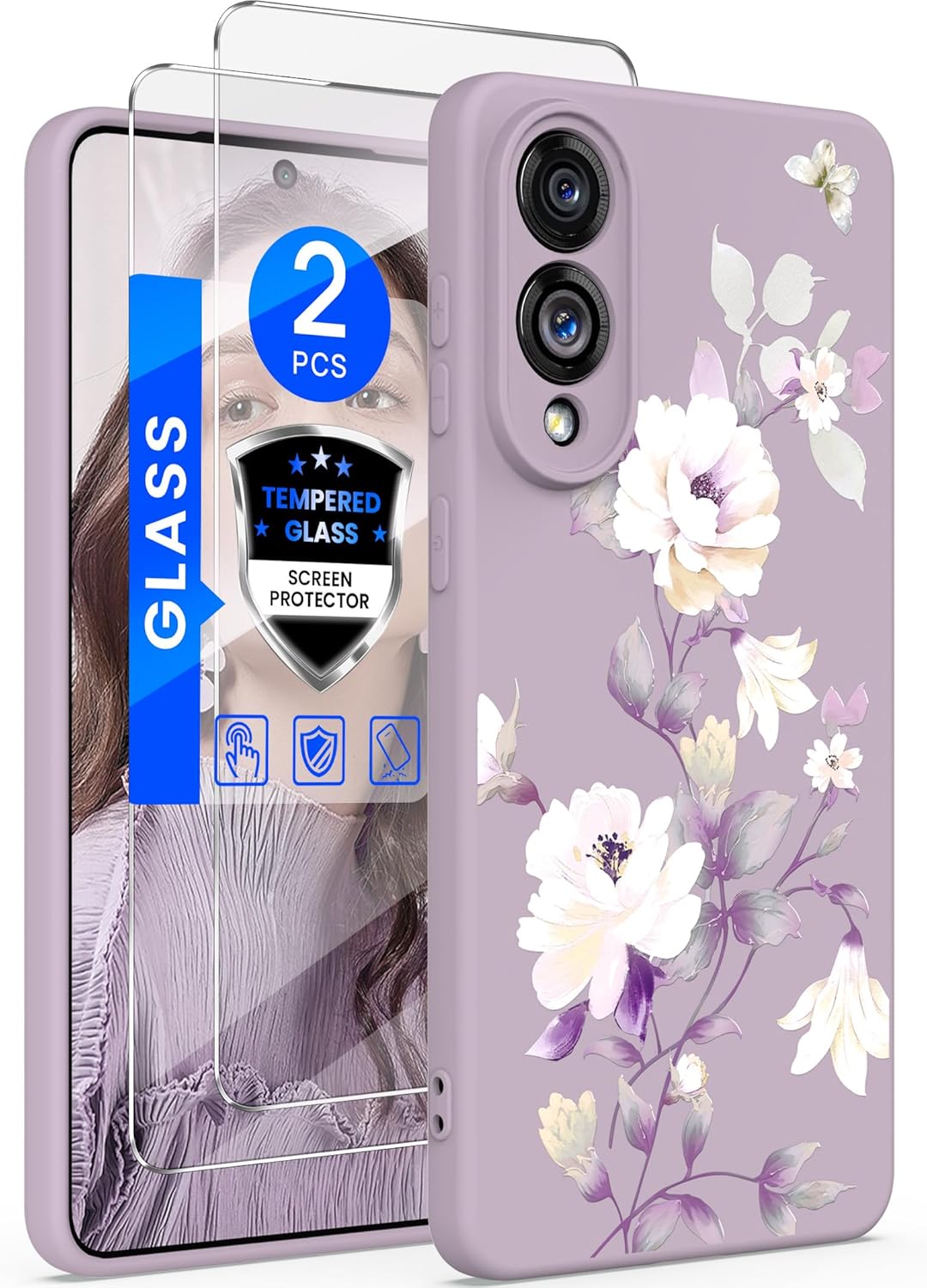 for Samsung Galaxy S25 Edge Case, Girls Women Florals Liquid Silicone Phone Case, Shockproof Anti-Scratch Soft Protection Case with Screen Protectors for Galaxy S25 Edge (Purple)