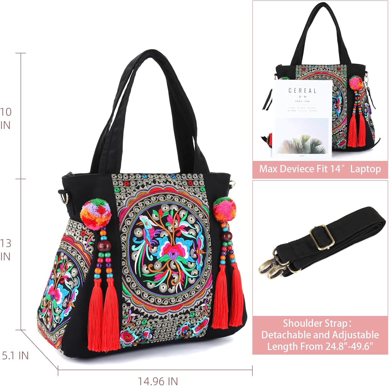 Embroidered Tassels Tote Shoulder Bag Casual Canvas Handbag Cross Body Bag One_Size - Image 4