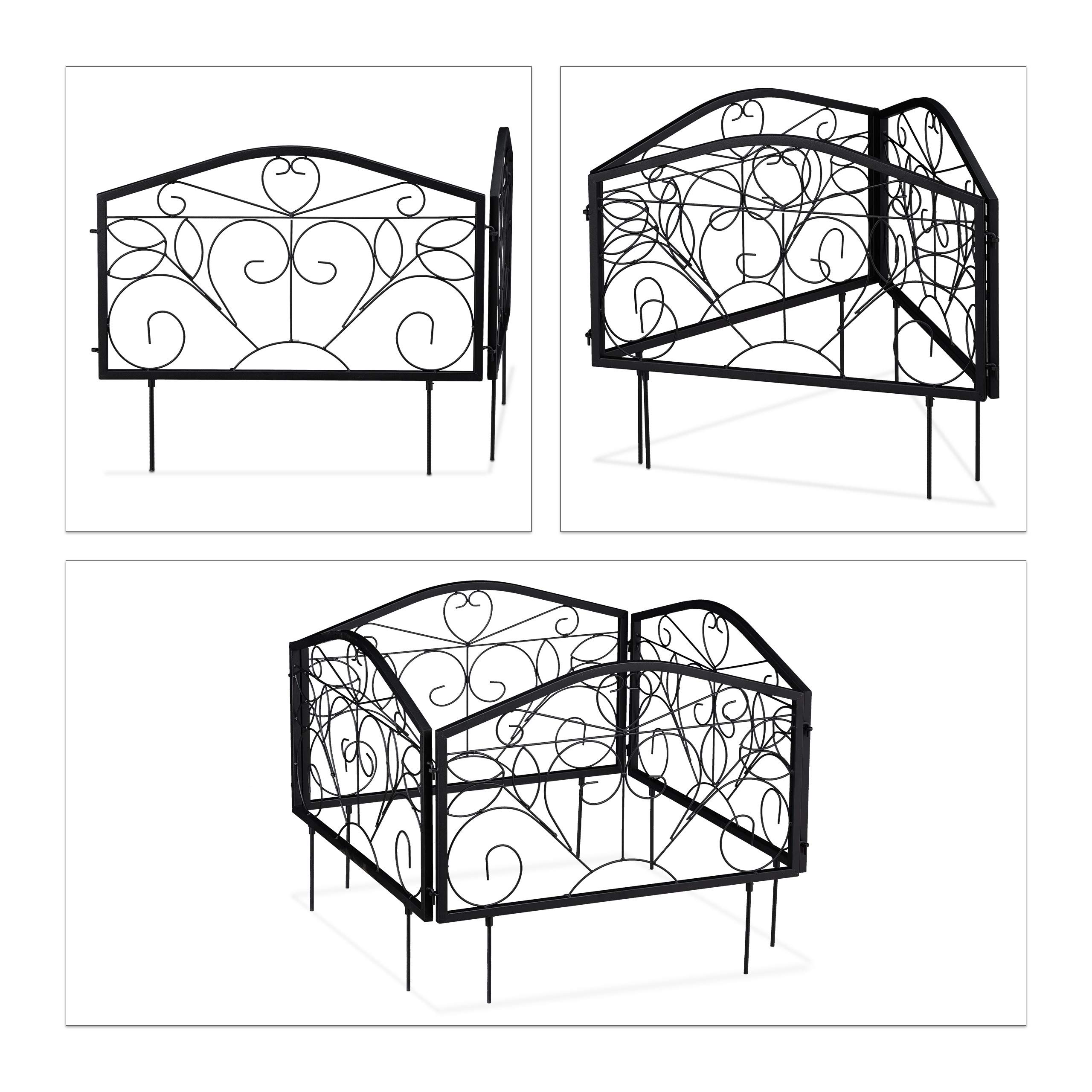 Relaxdays Recinzione da Giardino, Set 4 Pareti per Sentieri, Bordure per Aiuole, Ferro, Ornamenti, HB 33x225 cm, Nero