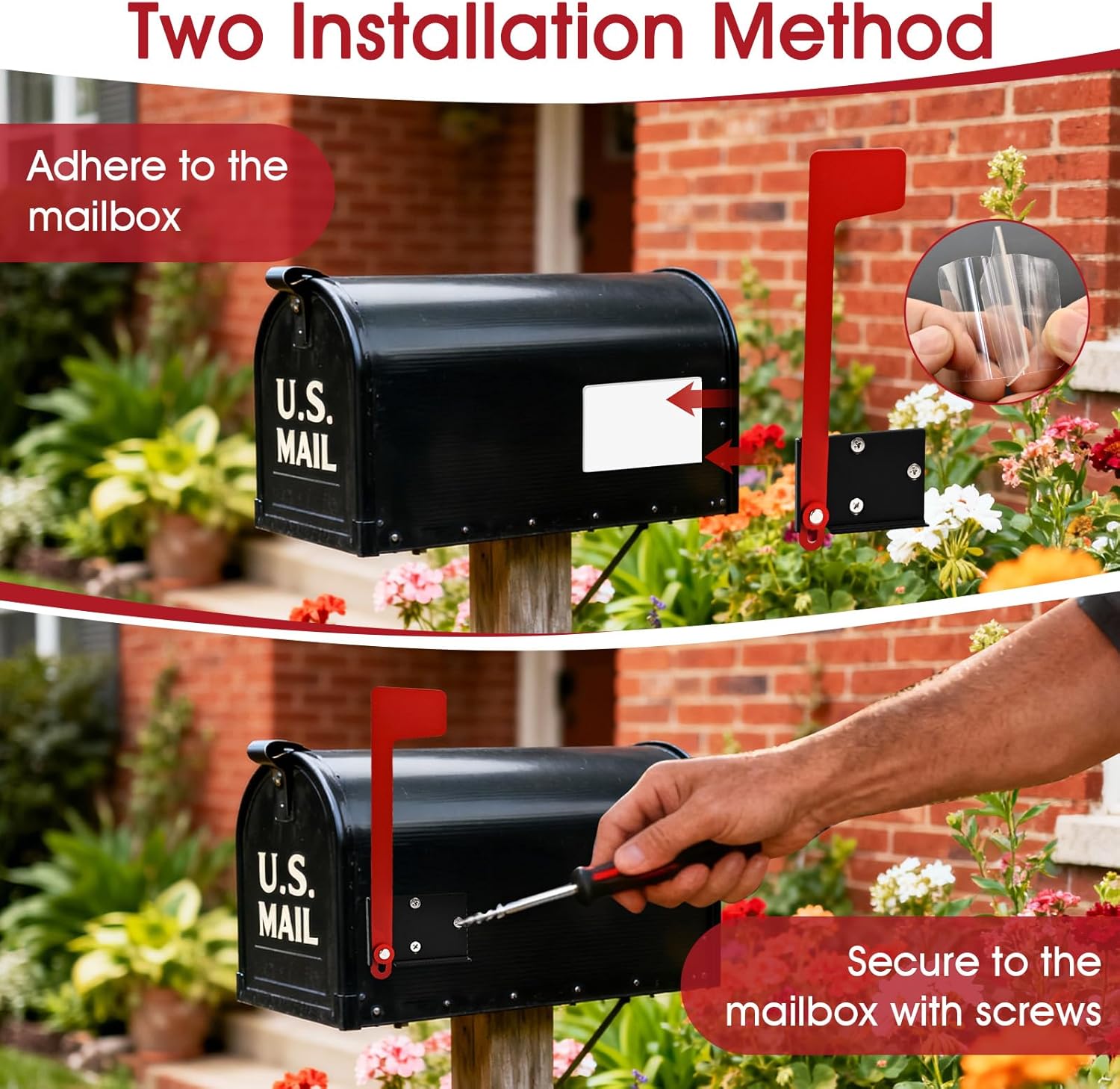 Mailbox Flag Replacement Kit - Galvanized Steel Flag Holder for Mailbox Door, Two-Way Installation for Wood, Wall, Metal or Stone Mailboxes