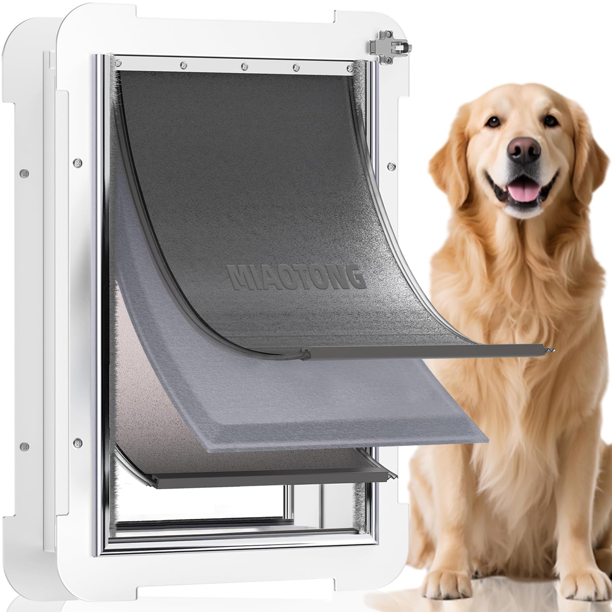 3-Flap Steel Large Dog Door for Exterior Doors with Sliding Lock Panel, Energy-Efficient Insulated Pet Door, Extreme Weather Doggy Door with Telescoping Tunnel, Never Rust Pets Up to 100 Lb