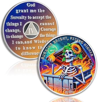 Sunflower Skeleton 4 Year Sobriety Coin - Reborn in Fire AA Medallion, Alcohol Free Four Year Recovery Chip with Serenity Prayer - Alcoholics Anonymou Sobriety Gifts for Men Women
