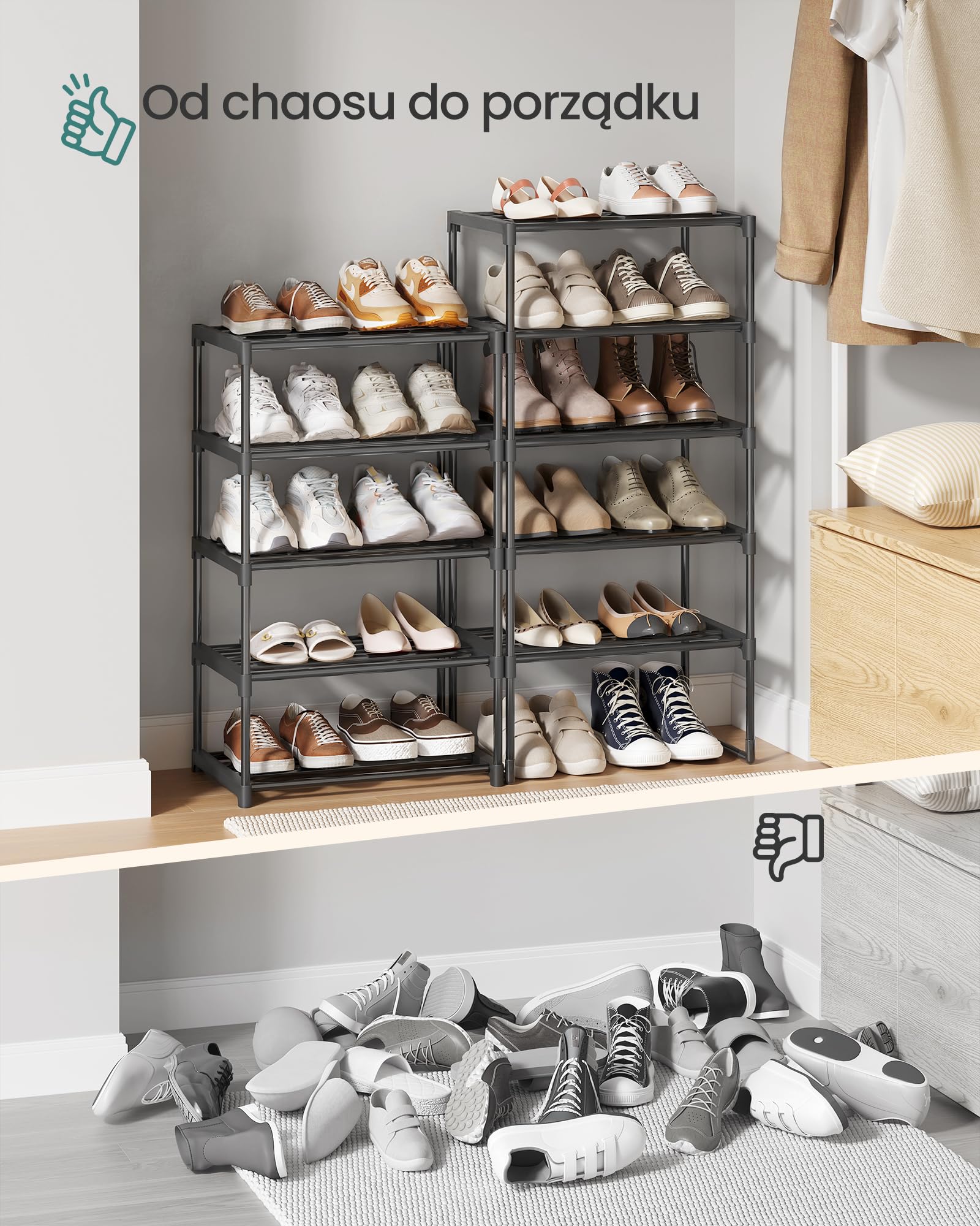 SONGMICS Półka na buty z 10 półkami, duża metalowa półka na buty, DIY, półka stojąca, oszczędzająca miejsce, wielofunkcyjna, salon, sypialnia, kuchnia, 45 x 30 x 174 cm, czarna LSA25BK