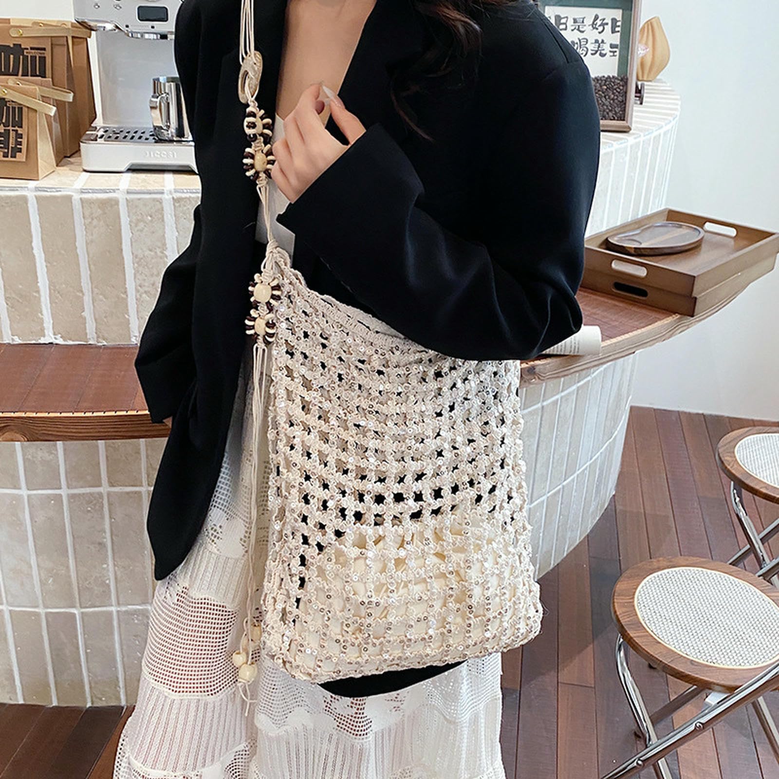 Borsa Donna A Tracolla in Paglia Cava Stile Pigro, di Grande capacità, da Spiaggia per Vacanze Tessuto alla Moda-Nero
