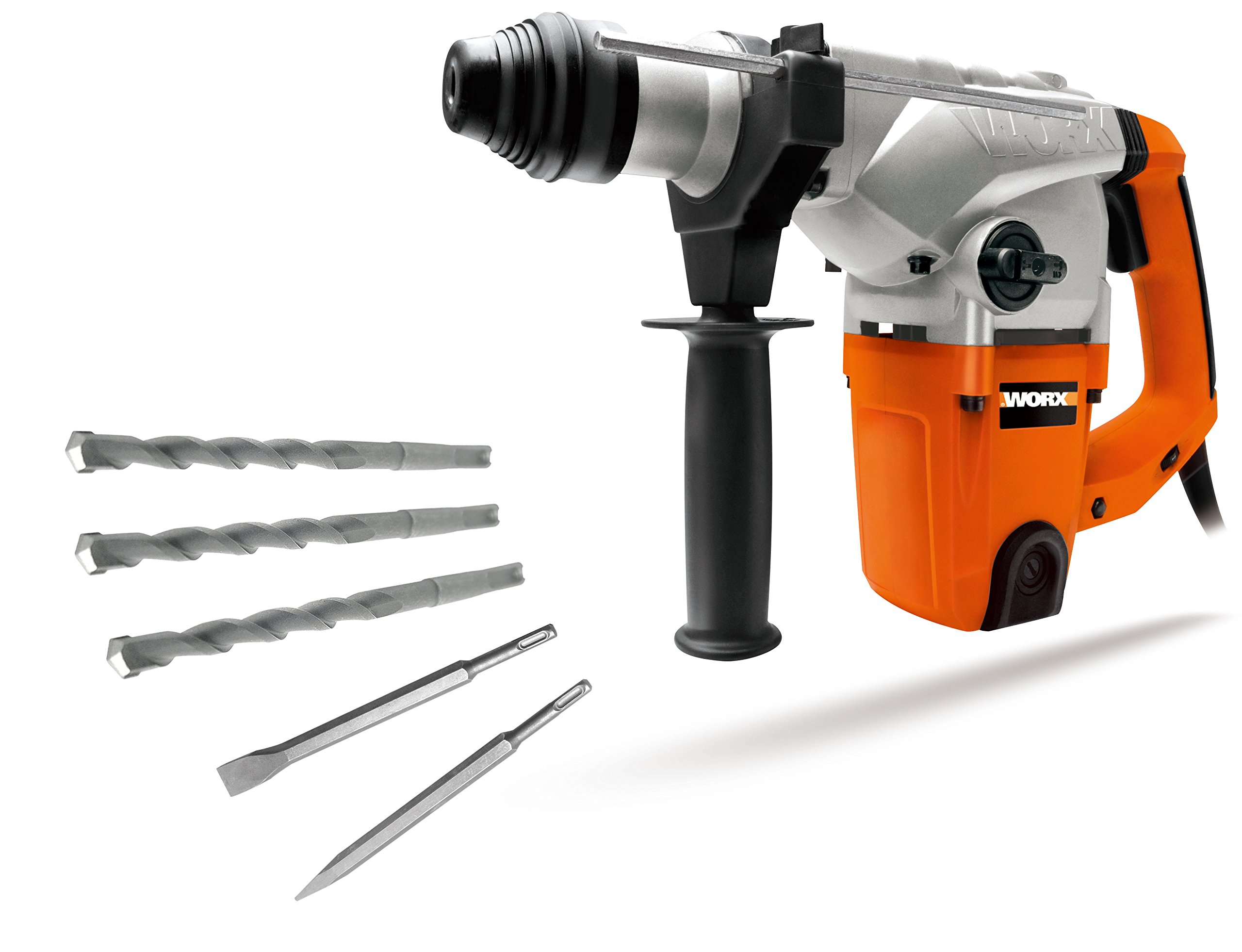 WORX WX333 Martillo SDS-Plus, 1.250W, 5J de potencia, 750r.p.m 3.700i.p.m, Caja de engranajes de aluminio, velocidad variable, taladro con percusión y solo percusión, para reformas intermedias | Potente taladro SDS plus con mango antivibración, para talad