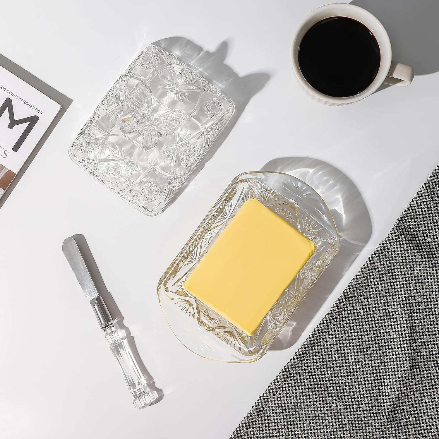 Glass Butter Dish with Lid and Stainless Steel Butter Knife, Farm House Butterfly Handle Thick Cover, European Butter Dishes, Sun Flower Butter Keeper Sticks Kitchen Dishwasher Safe