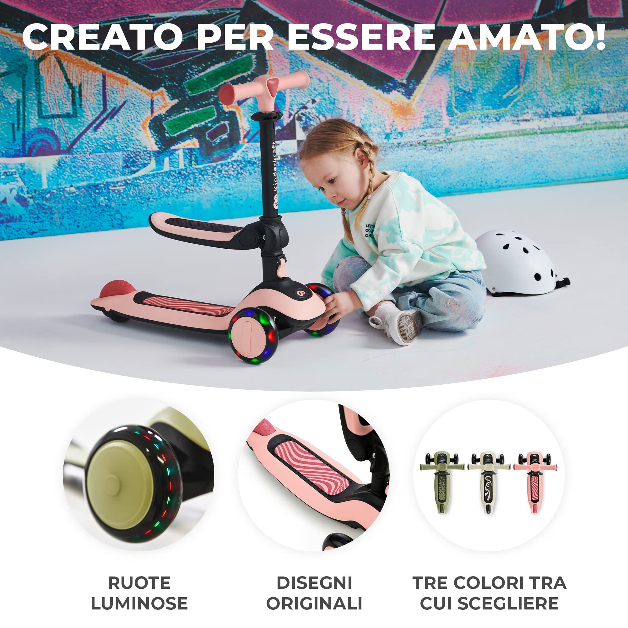 Kinderkraft HALLEY 2 in 1 Bicicletta Senza Pedali e Monopattino con Ruote LED, Manubrio Regolabile, Piattaforma Antiscivolo, Leggera e Sicura per Bambini, Rosa