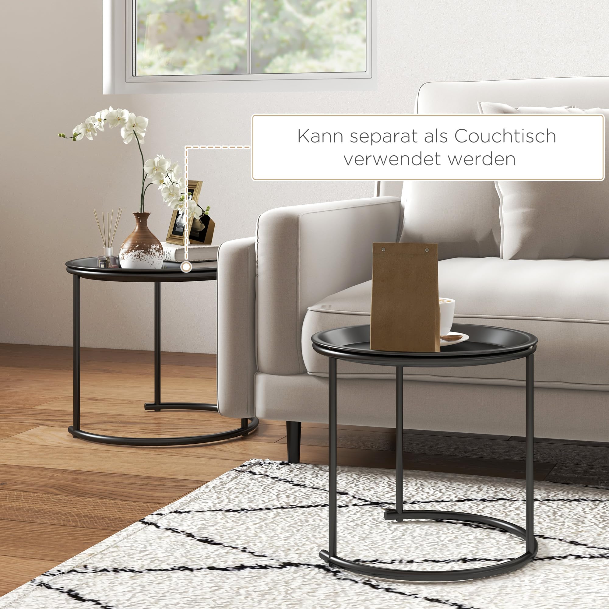 HOMCOM Couchtisch Rund 2er Set, Stapelbar, Wohnzimmertisch in Schwarz