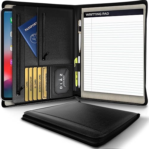 DIZ Organizador de cartera de cuero de grano completo  Padfolio con cremallera para hombres y mujeres  Carpeta profesional de negocios para