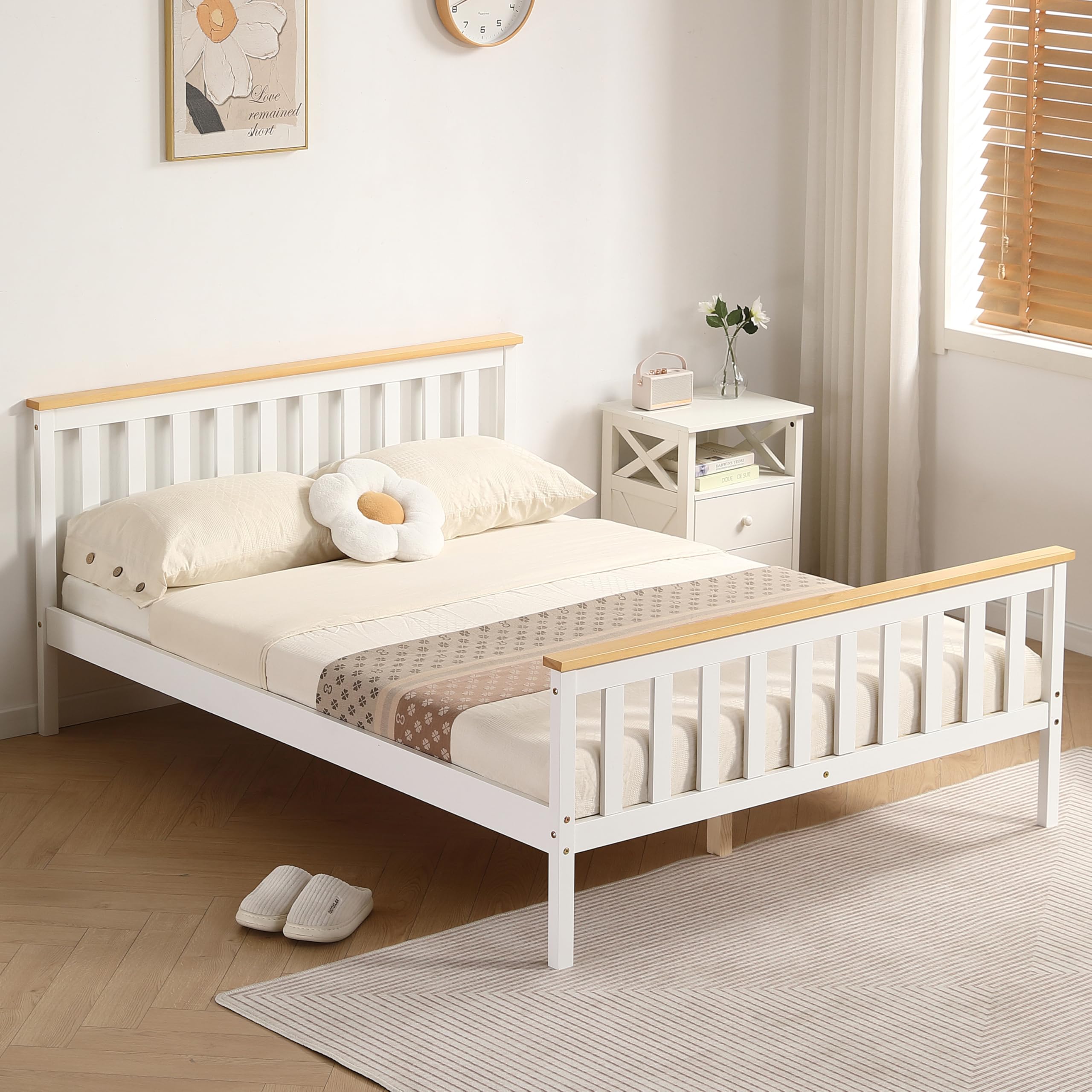 COMFY LIVING 4ft6 Double Atlantis Style Wooden Pine Bed Frame in White with Caramel Bar โ image 1