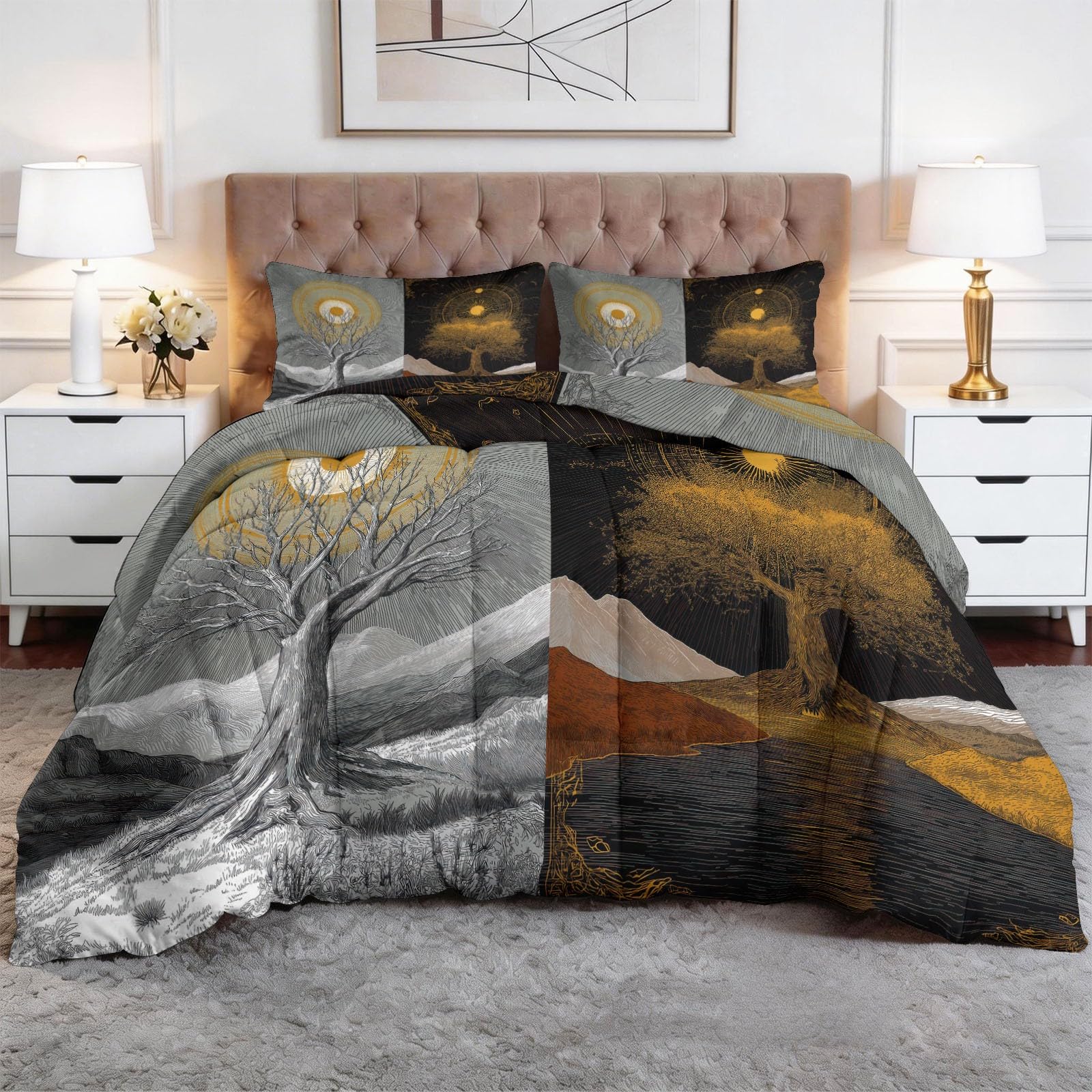 Piumone Invernale Matrimoniale 220 x 240 cm Fantasia Natura Alberi Secolari Trapunta in Ecopiuma 400 gr/mq, Caldo ed Elegante – Biancheria da Letto Anallergica e Traspirante – Set 3 Pezzi, Grigio