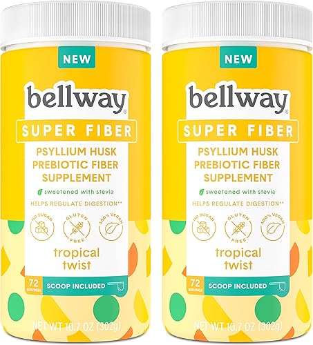 Bellway Suplemento en polvo súper fibra (paquete de 2)  Polvo de cáscara de psyllium, sin azúcar, vegano, sin gluten, Tropical Twist, 144 porciones