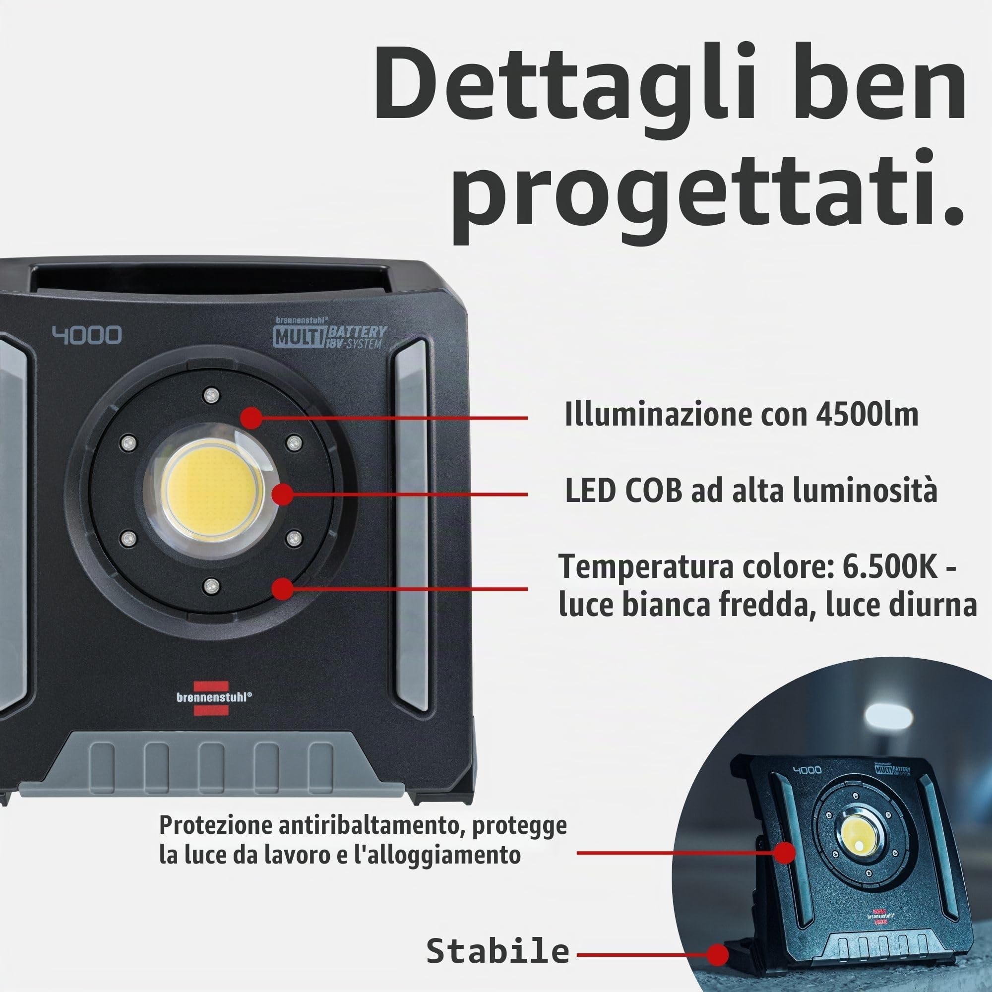 Brennenstuhl Faro LED ricaricabile da lavoro Lampada LED Portatile 4000 MA, 4500lm | IP65 | Compatibile con Batterie 18V dei 5 Principali Produttori di Powertool | Engineered in Germania