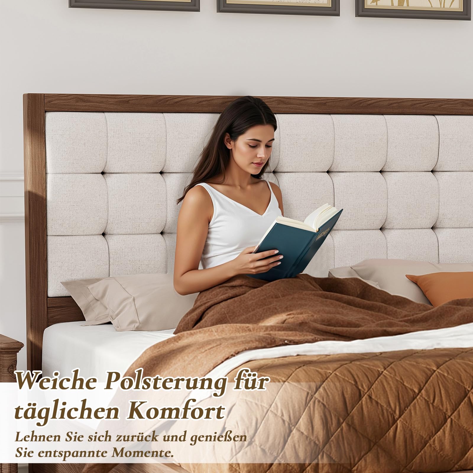 LUXOAK Massivholzbett 140x200 cm aus Kiefernholz mit 124 cm hohem gepolstertem Kopfteil, stabiles Holzbett mit Lattenrost, modernes Doppelbett im Walnuss-Look aus Leinenstoff, ohne Matratze