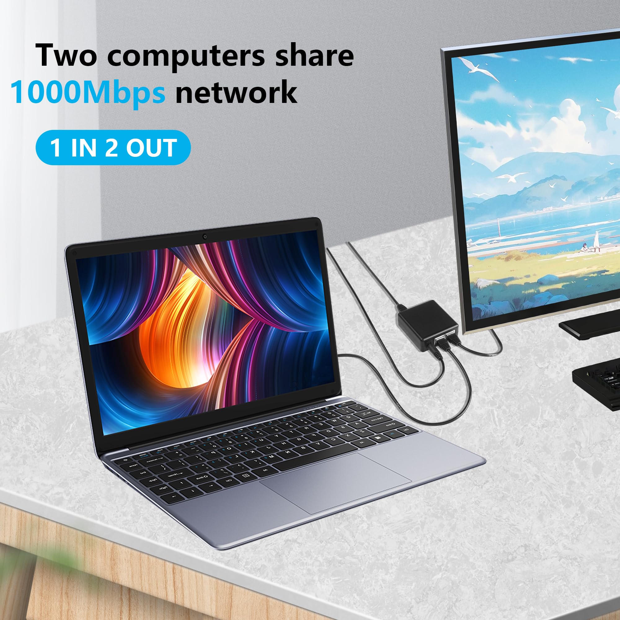 SinLoon Gigabit Ethernet Splitter RJ45 Network Splitter 1 to 2 1000Mbps with DC Power Supply Adapter for Computer, Hub, Switch, Router, ADSL, Set-top Box, Digital TV, etc