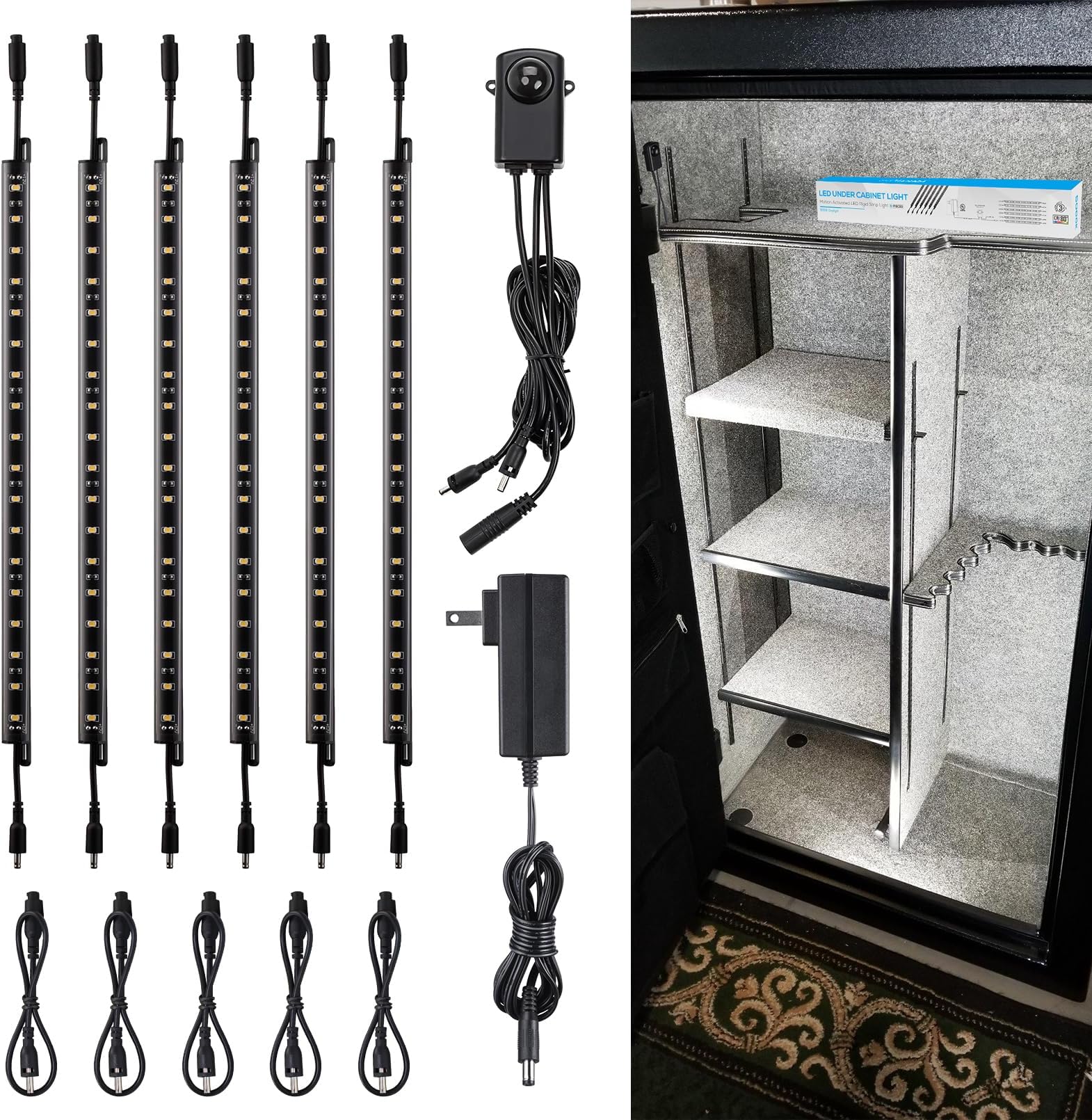 - TORCHSTAR LED Safe Lighting Kit, (6) 12 Inch Linkable Light Bars + Motion Sensor + UL Power Adapter, 900LM, Input 100-240V, for Under Cabinet Gun Safe Locker Closet Showcase, 5000K Daylight