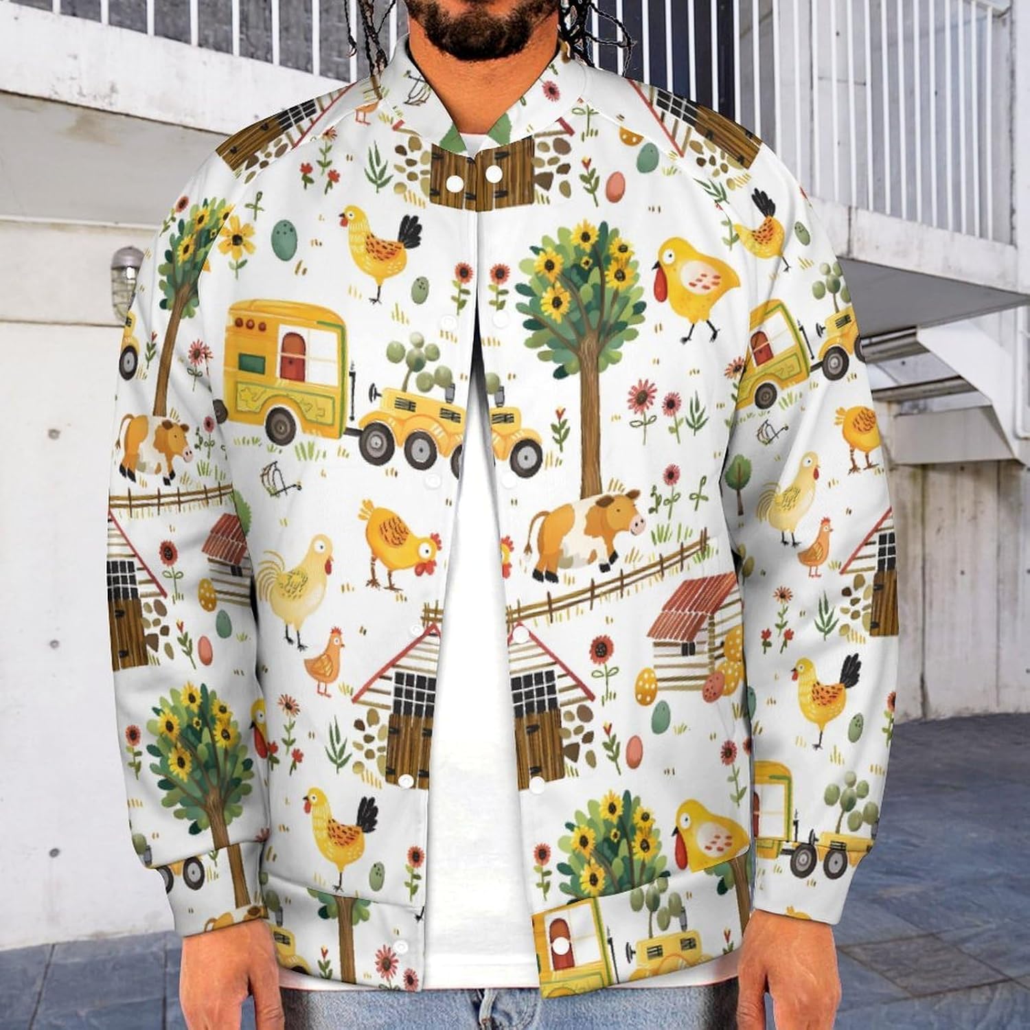 Farm Animals Novelty Men's Baseball Jackets Causal Sweatshirt Button Top Long Sleeve Coat