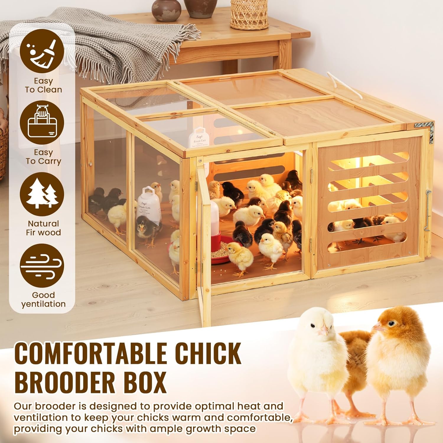 Large Chicken Brooder Box Kits 32x32x16 in Wooden Foldable Chick Brooder Box with Heated Light Thermometer Portable with Handle for up to 70 Chickens, Ducks, Quails, Hamsters, No Assembly